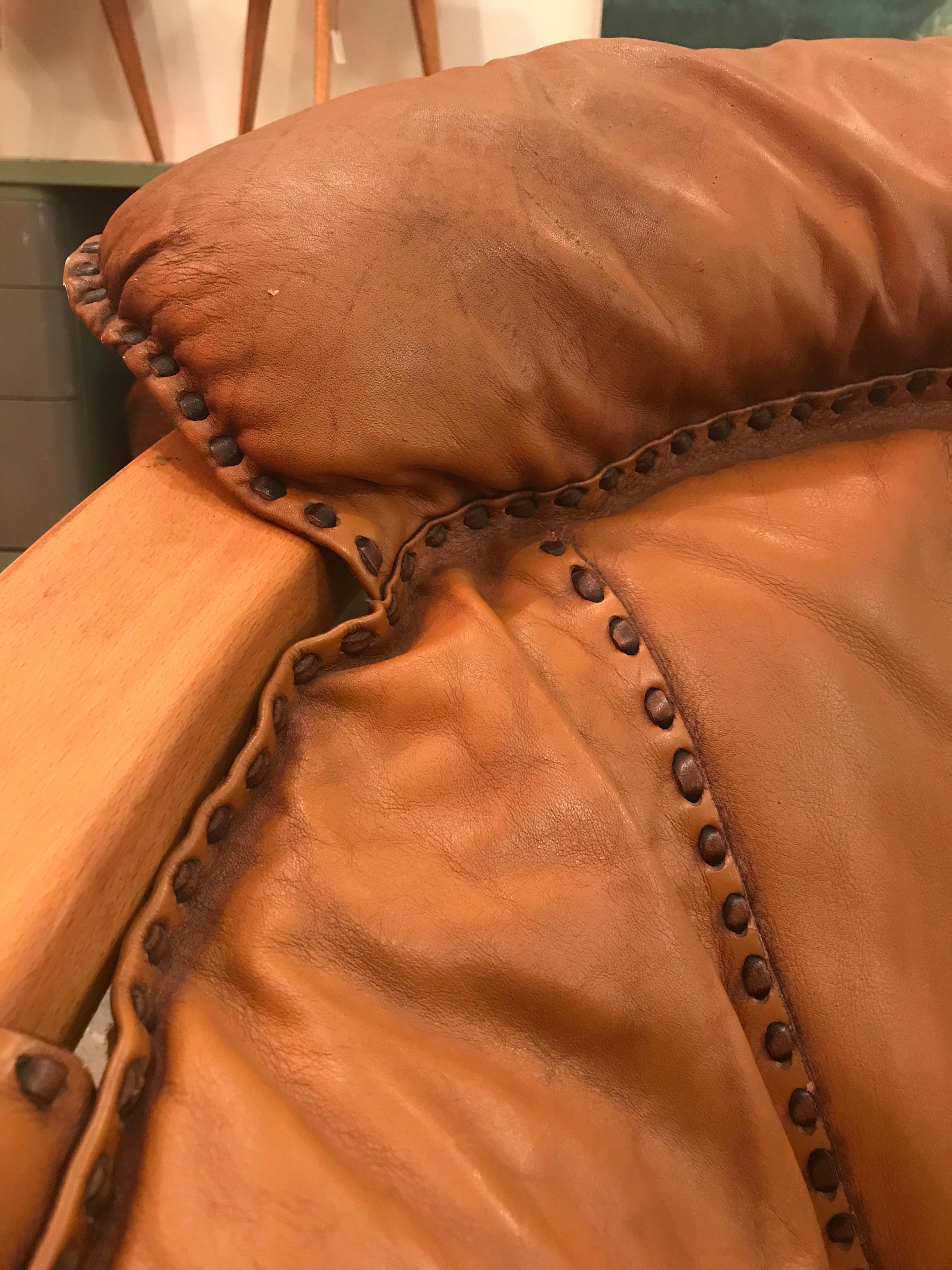 Midcentury Cognac Brown Leather Sofa For Sale 1