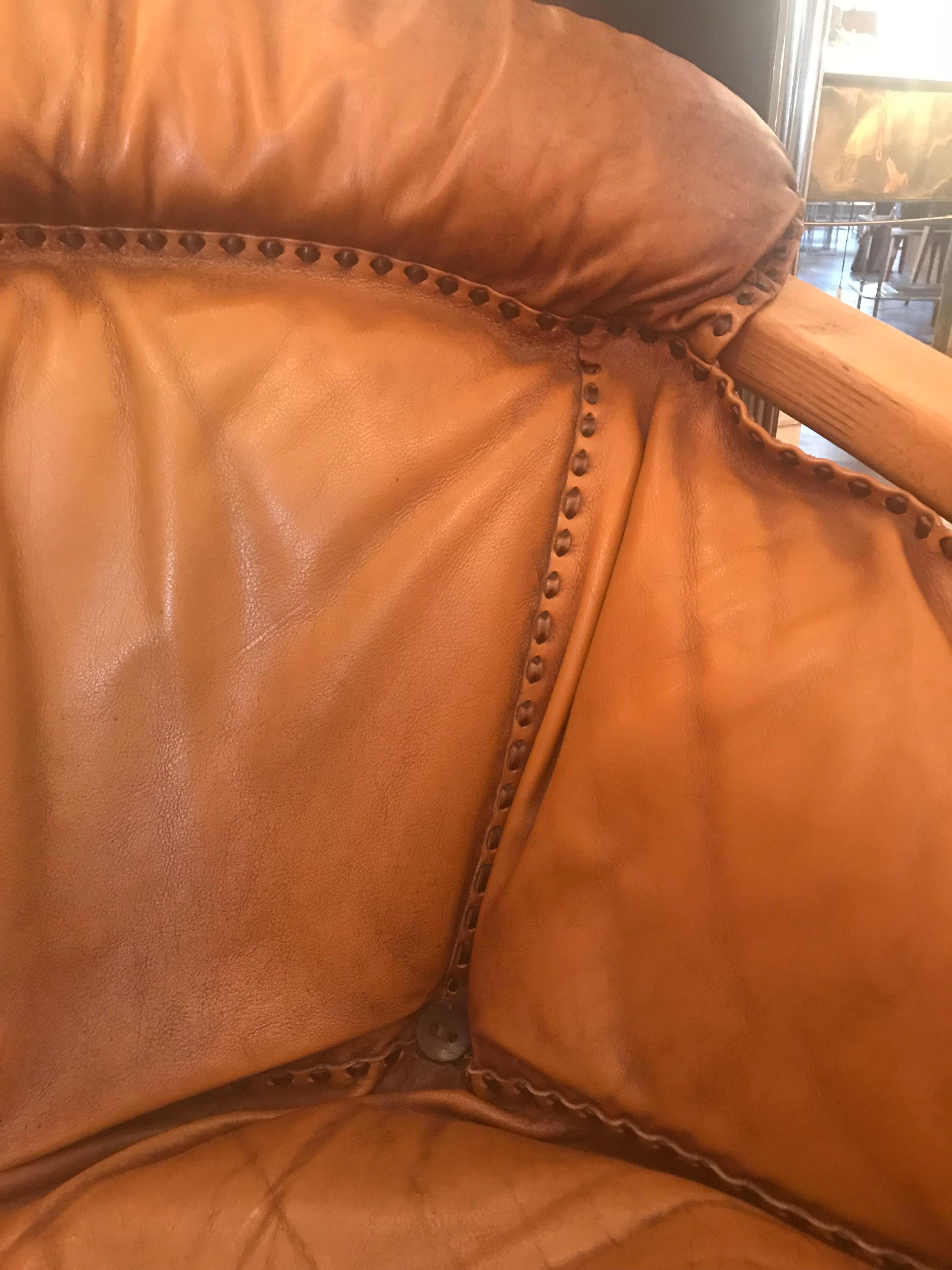 Midcentury Cognac Brown Leather Sofa For Sale 3