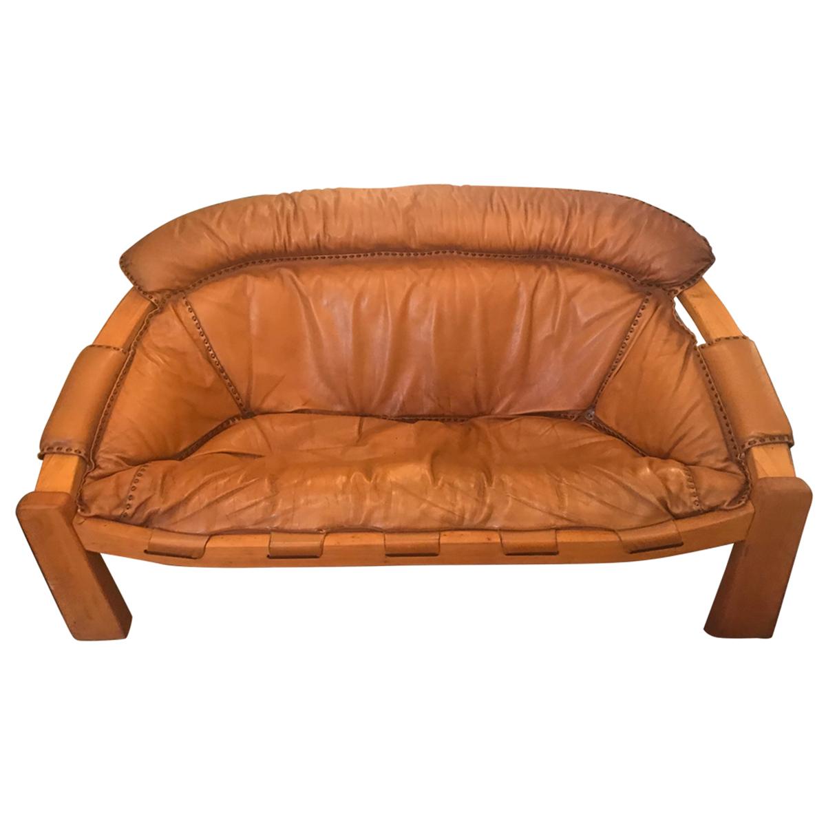 Midcentury Cognac Brown Leather Sofa For Sale