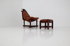 Midcentury Cognac Leather Chair and Ottoman, Brazil, 1960s