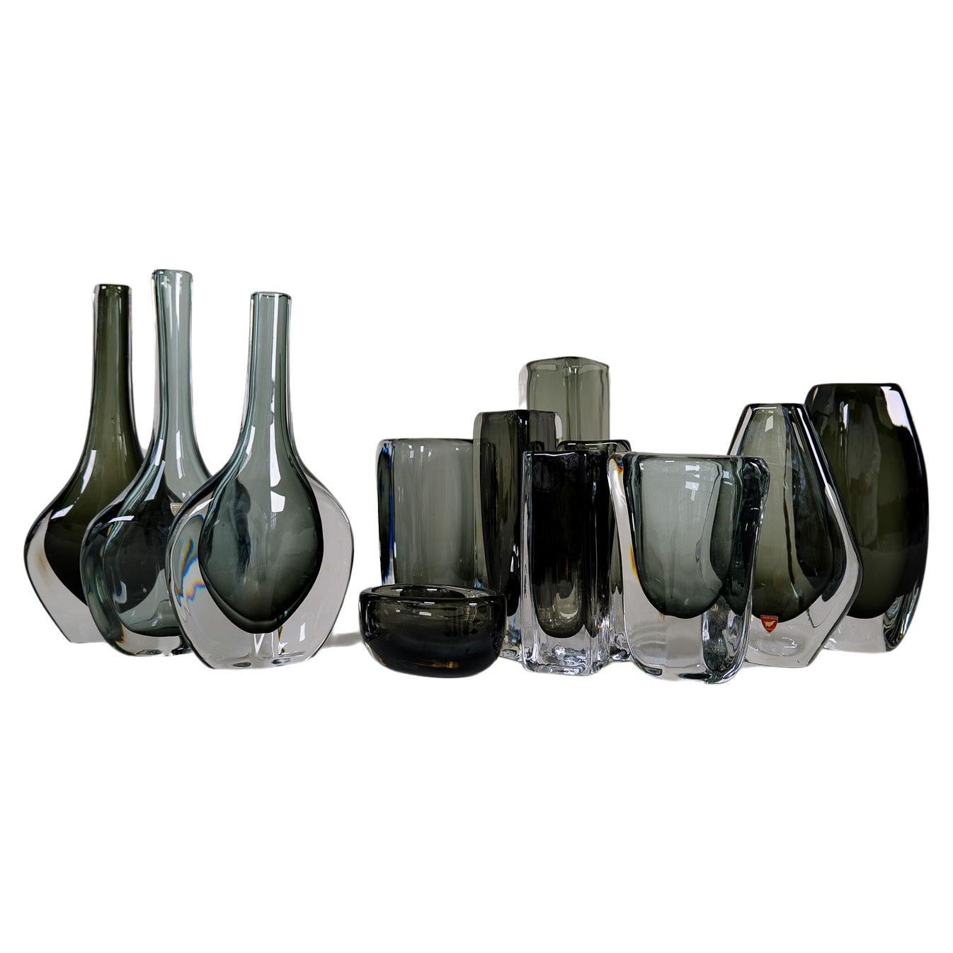 Midcentury Collection of 12 Pieces Art Glass Nils Landberg Orrefors Sweden 1950s For Sale