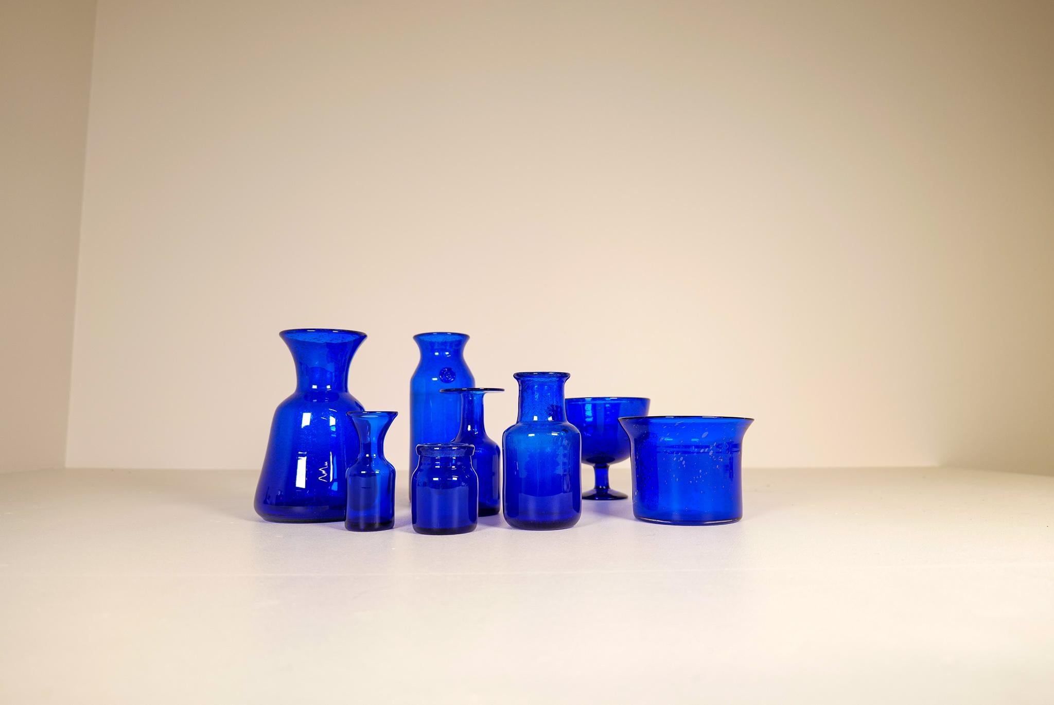 Scandinavian Modern Midcentury Collection of Eight Blue Vases by Erik Hoglund, Sweden, 1960s For Sale