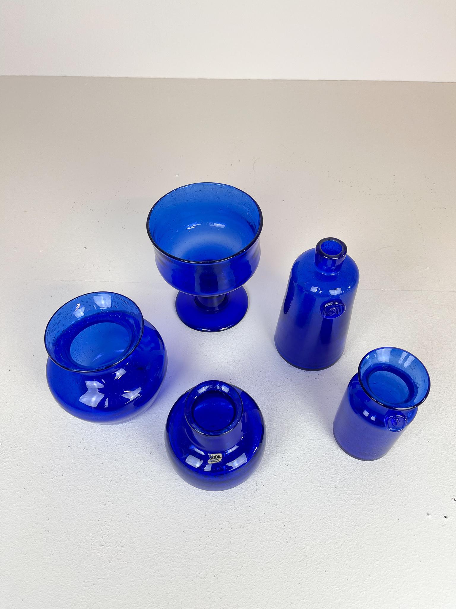 Art Glass Midcentury Collection of Five Blue Vases by Erik Hoglund, Sweden, 1960s For Sale