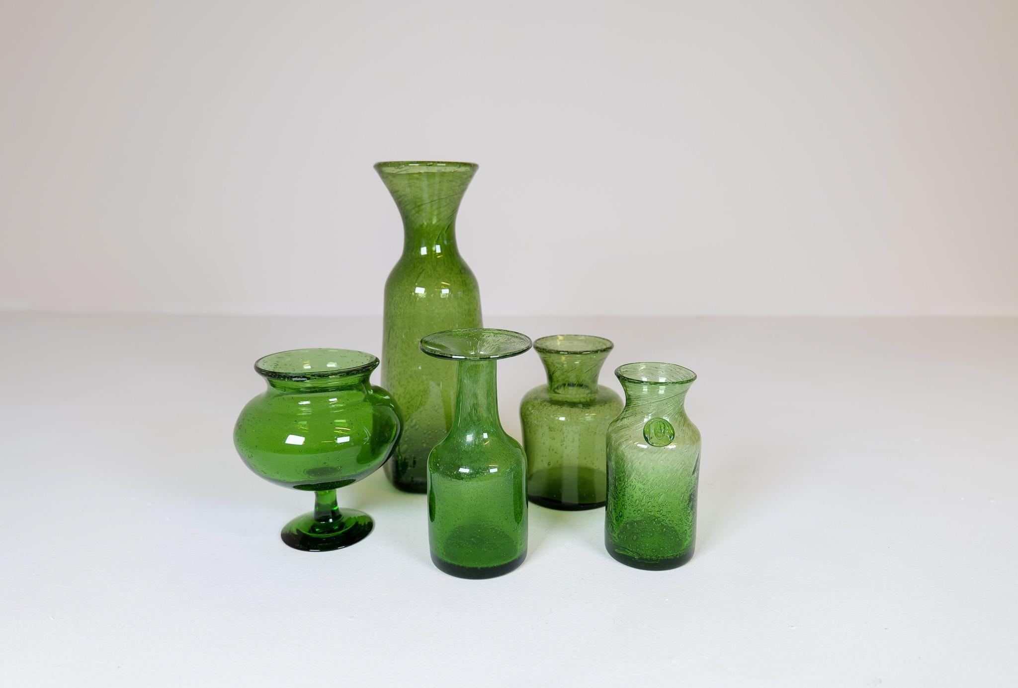 Scandinavian Modern Midcentury Collection of Five Green Vases by Erik Hoglund, Sweden, 1960s