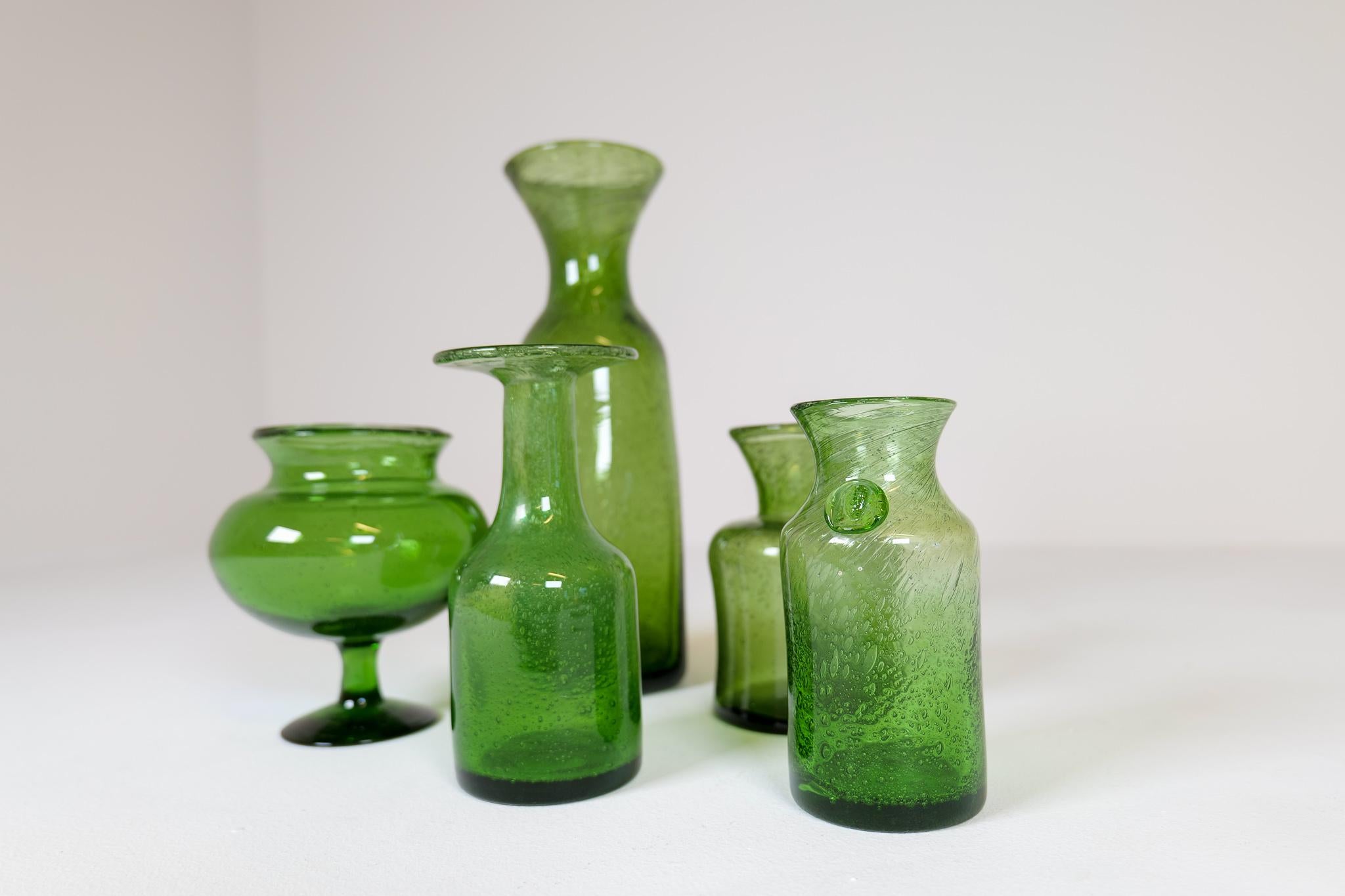 Swedish Midcentury Collection of Five Green Vases by Erik Hoglund, Sweden, 1960s