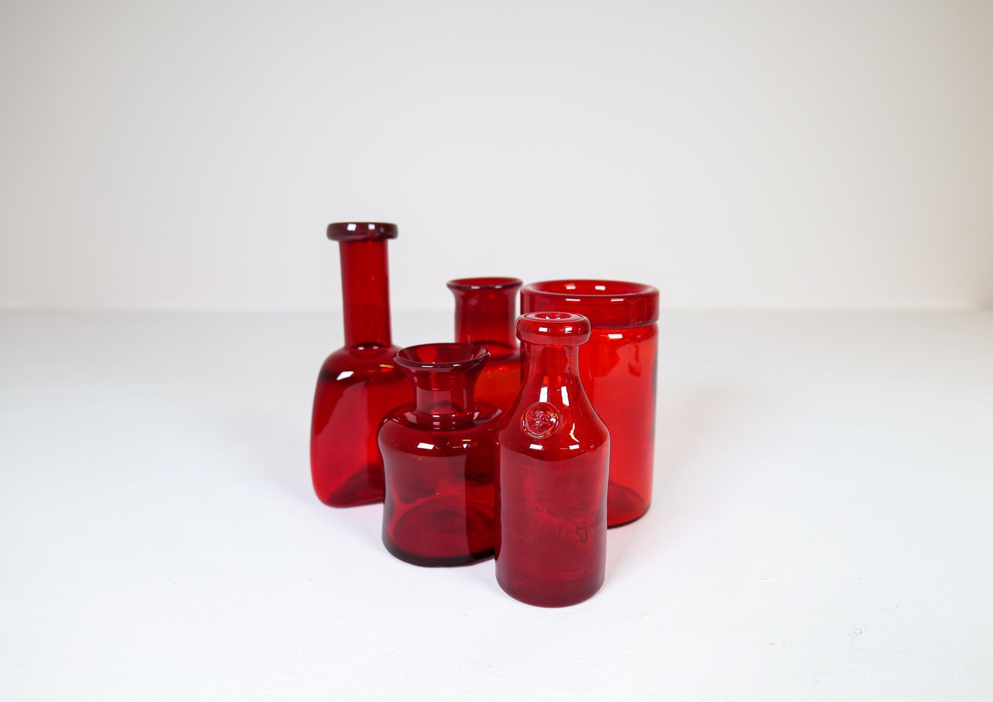 Scandinavian Modern Mid-Century Collection of Five Rare Red Vases by Erik Hoglund, Sweden, 1960s For Sale