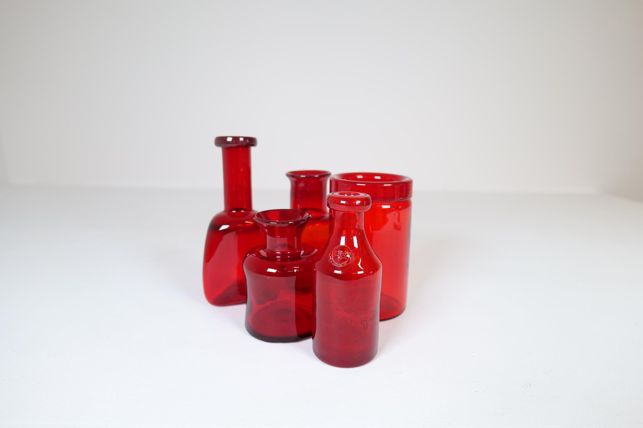 Swedish Mid-Century Collection of Five Rare Red Vases by Erik Hoglund, Sweden, 1960s For Sale