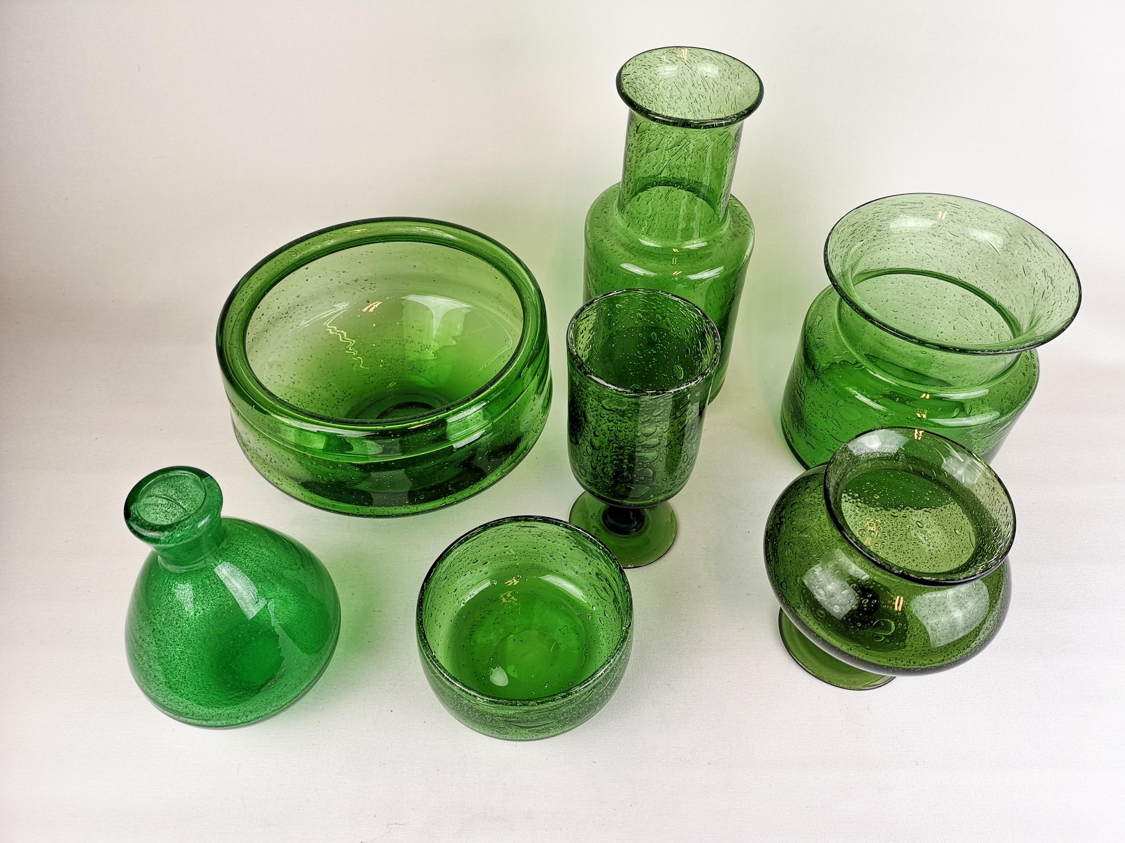Glass Midcentury Collection of Seven Green Vases by Erik Hoglund
