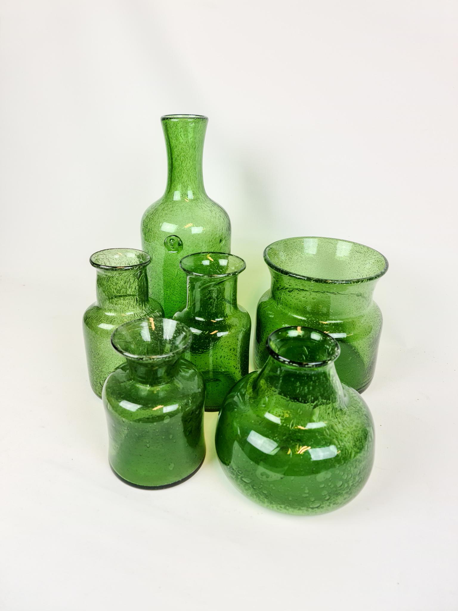 Scandinavian Modern Midcentury Collection of Six Green Vases by Erik Hoglund, Sweden, 1960s