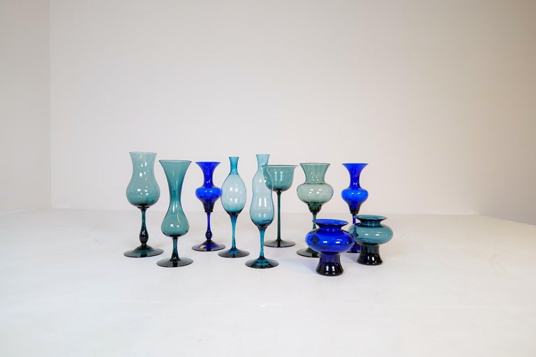 Swedish Mid-Century Collection of Ten Sculptural Gullaskruf Vases, Sweden, 1960s For Sale