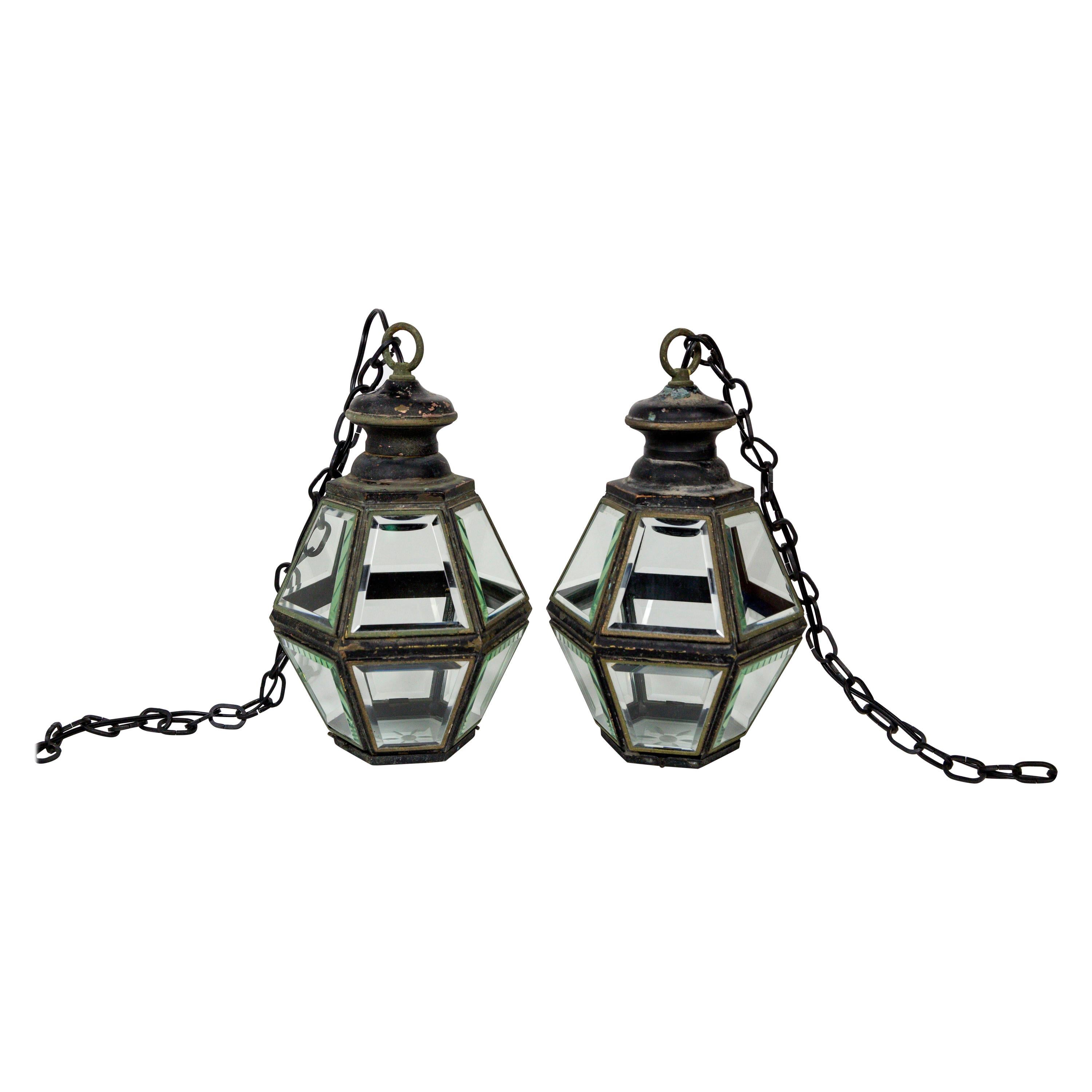 Midcentury Colonial Revival Bevelled Hexagon Lanterns ‘Pair’