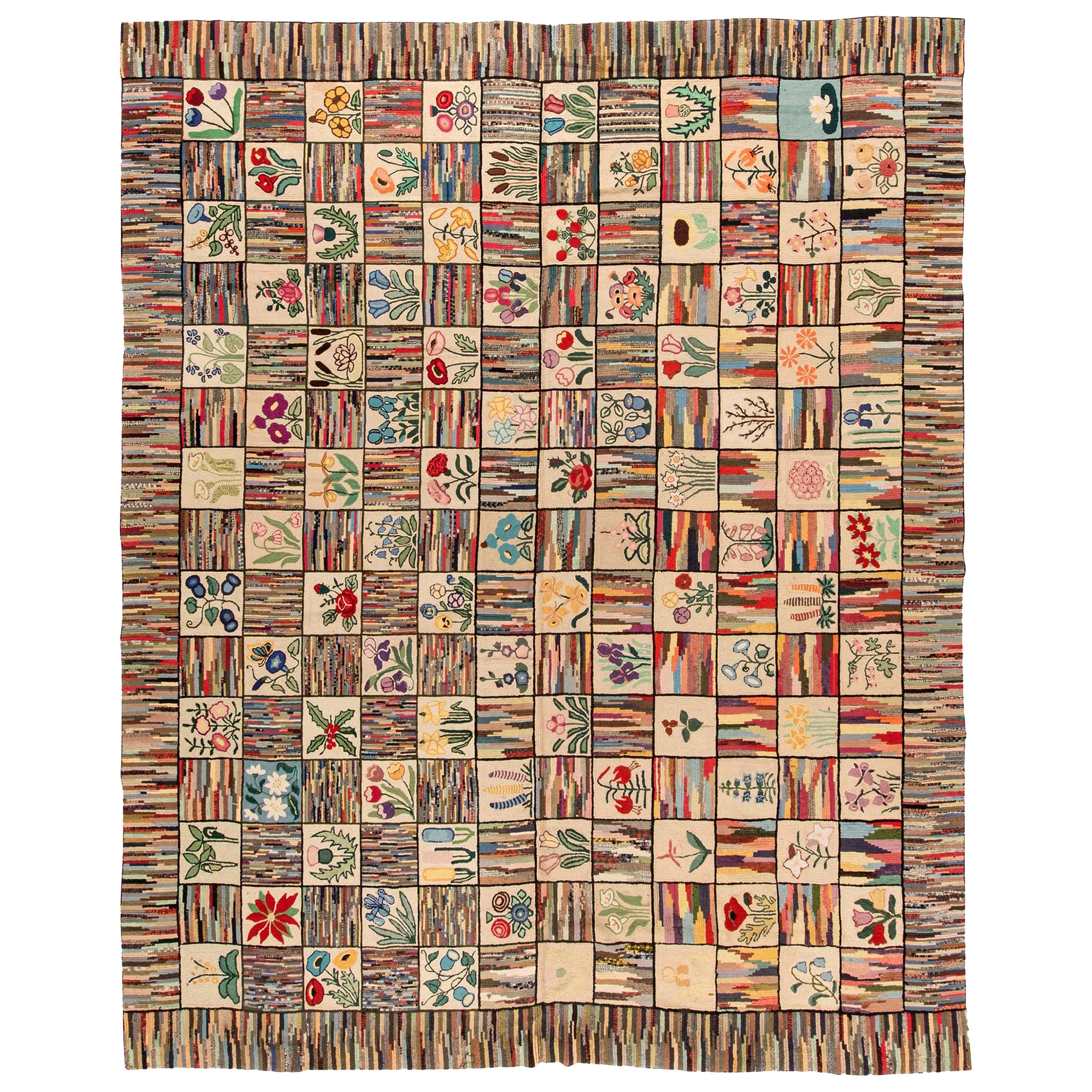 Vintage American Hooked Colorful Floral Handmade Wool Rug For Sale at