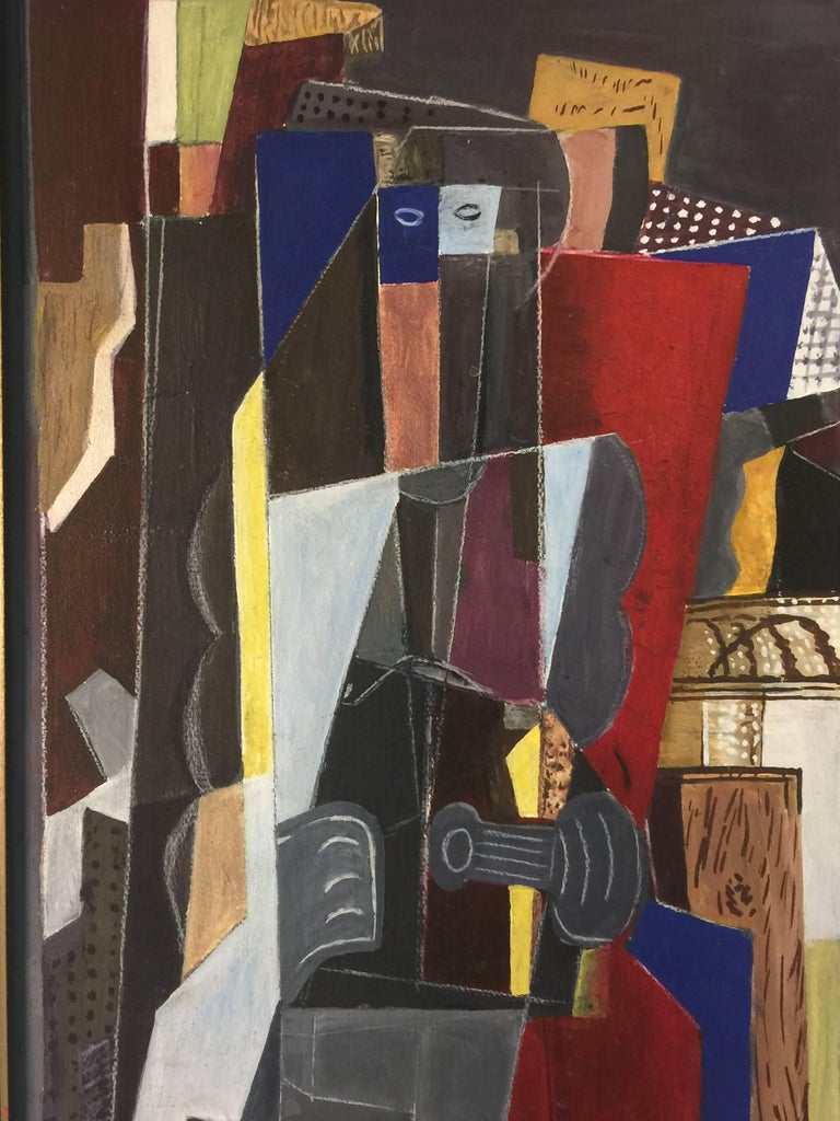 Interesting 1950s painting of a cubist style figure holding a vessel set against a background of buildings all painted in an abstract manner. Painted on Canvas laid on board, unsigned. Painted in the manner of Pablo Picasso.