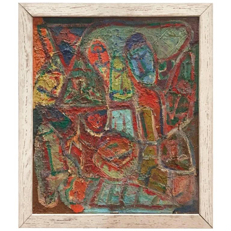 Midcentury Colorful Figurative Abstract Painting in Reds, Blues and Greens