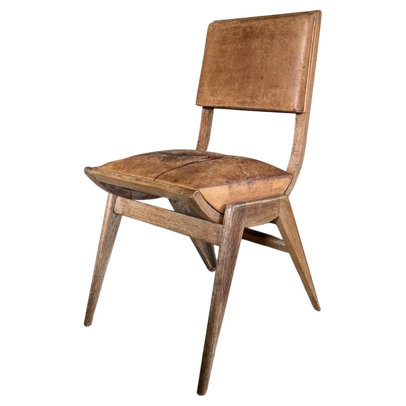 Midcentury Compass Chair in Solid Oak and Leather For Sale