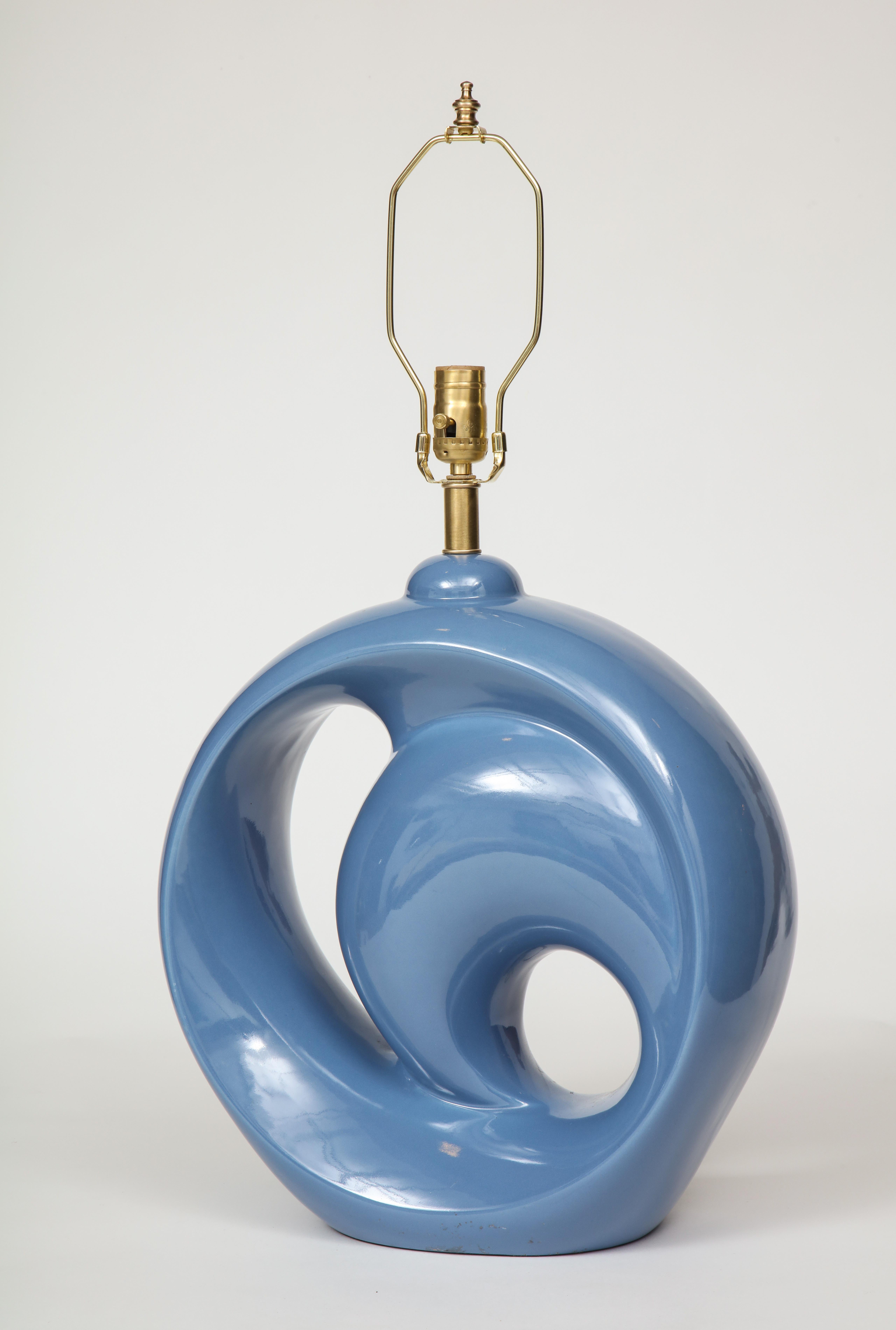 American Midcentury Cornflower Blue Porcelain Lamps For Sale