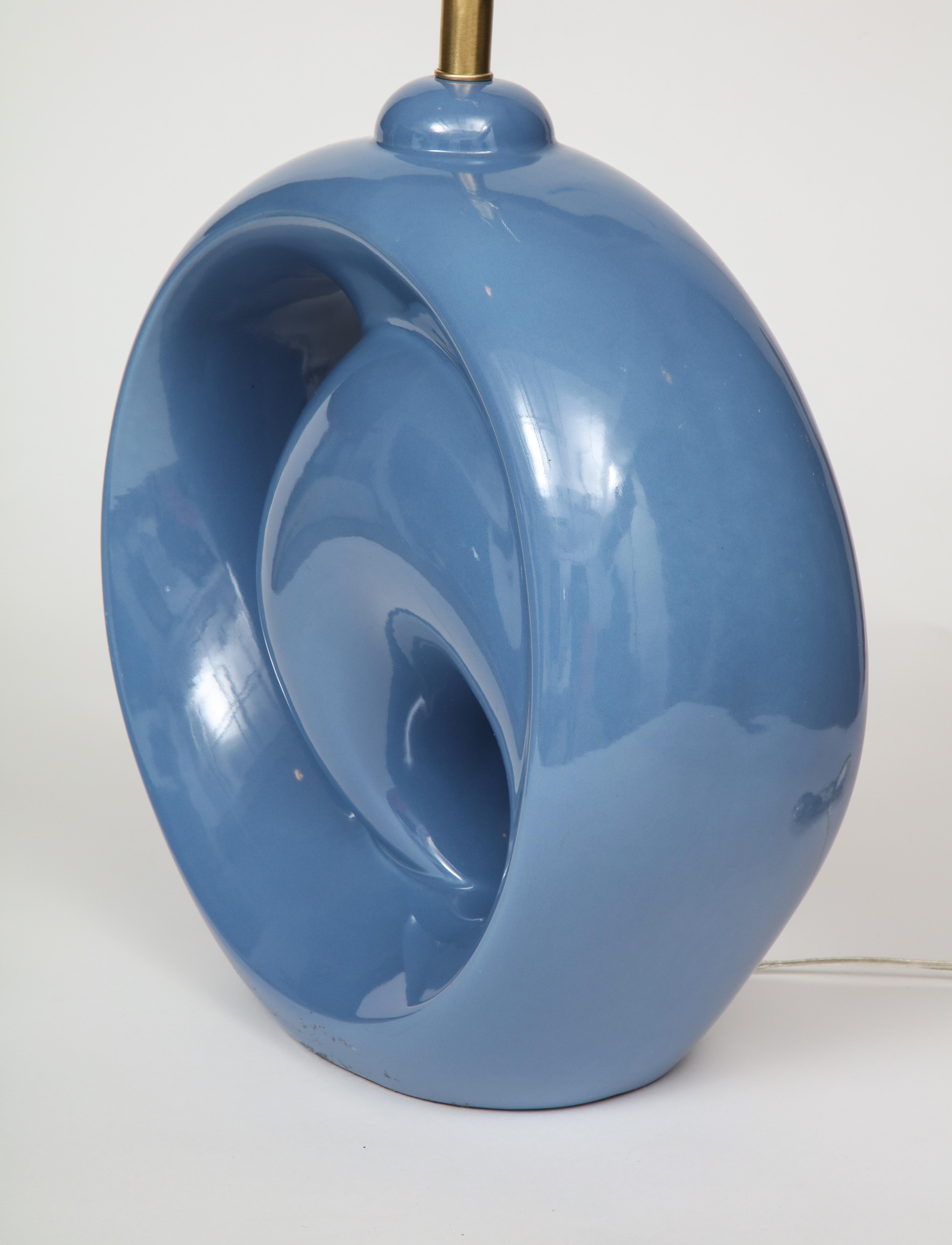 Midcentury Cornflower Blue Porcelain Lamps For Sale 3
