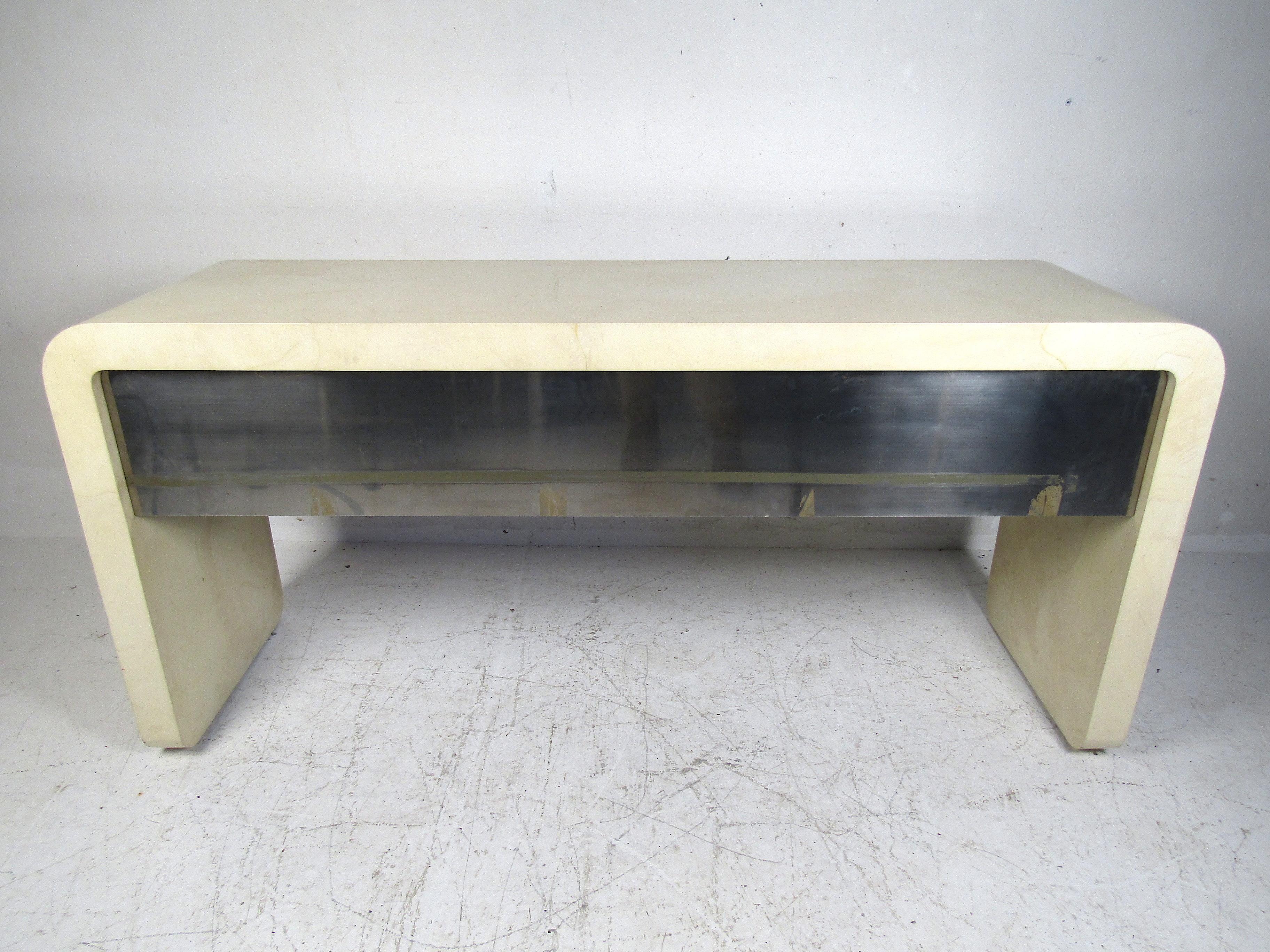 Faux Leather Mid-Century Faux Goatskin Console Table with Storage For Sale