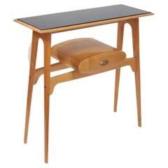 Midcentury Console Table Design Ico Parisi Maple Wood, Black Glass, 1950s