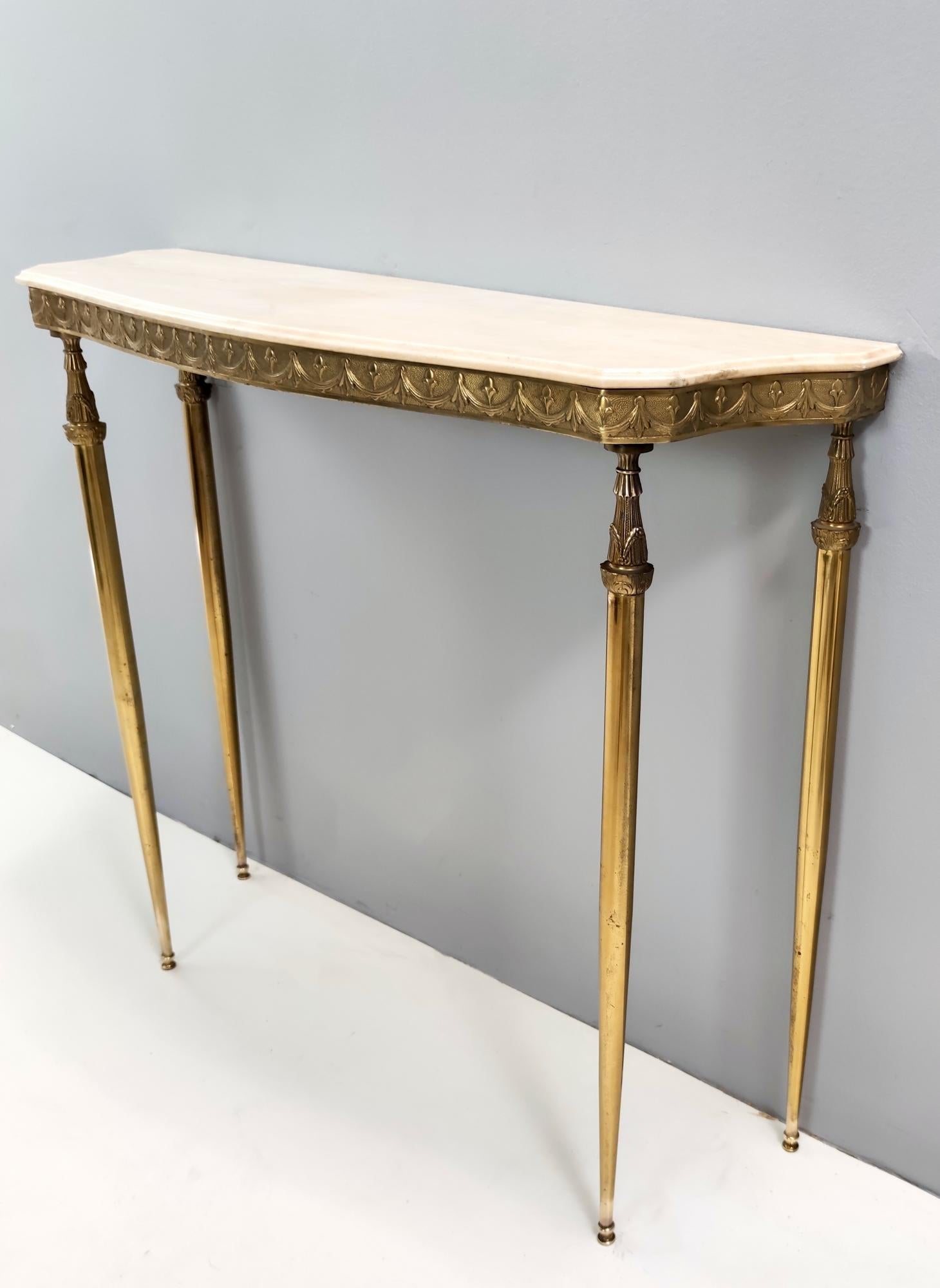 Italian Midcentury Console with a Portuguese Pink Marble Top and Brass Frame, Italy