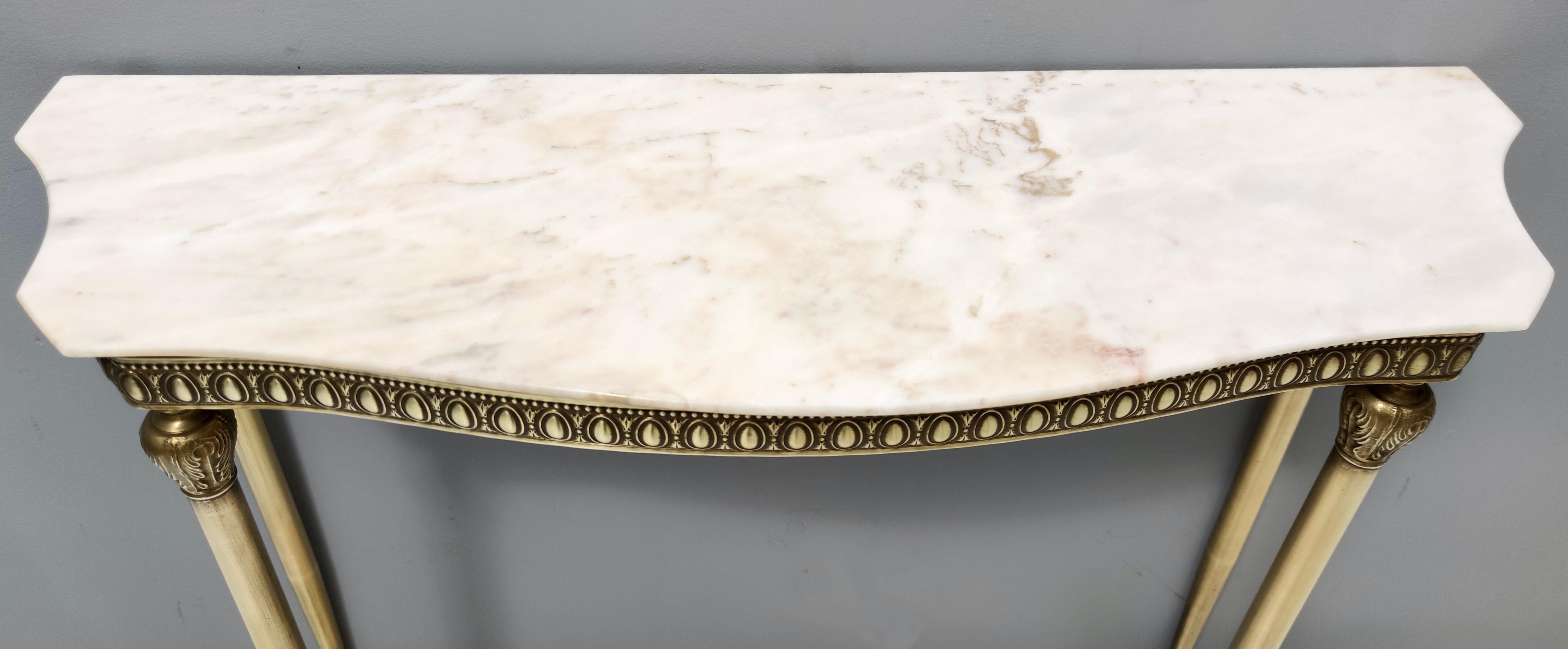 Midcentury Console with a Portuguese Pink Marble Top and Brass Frame, Italy 1