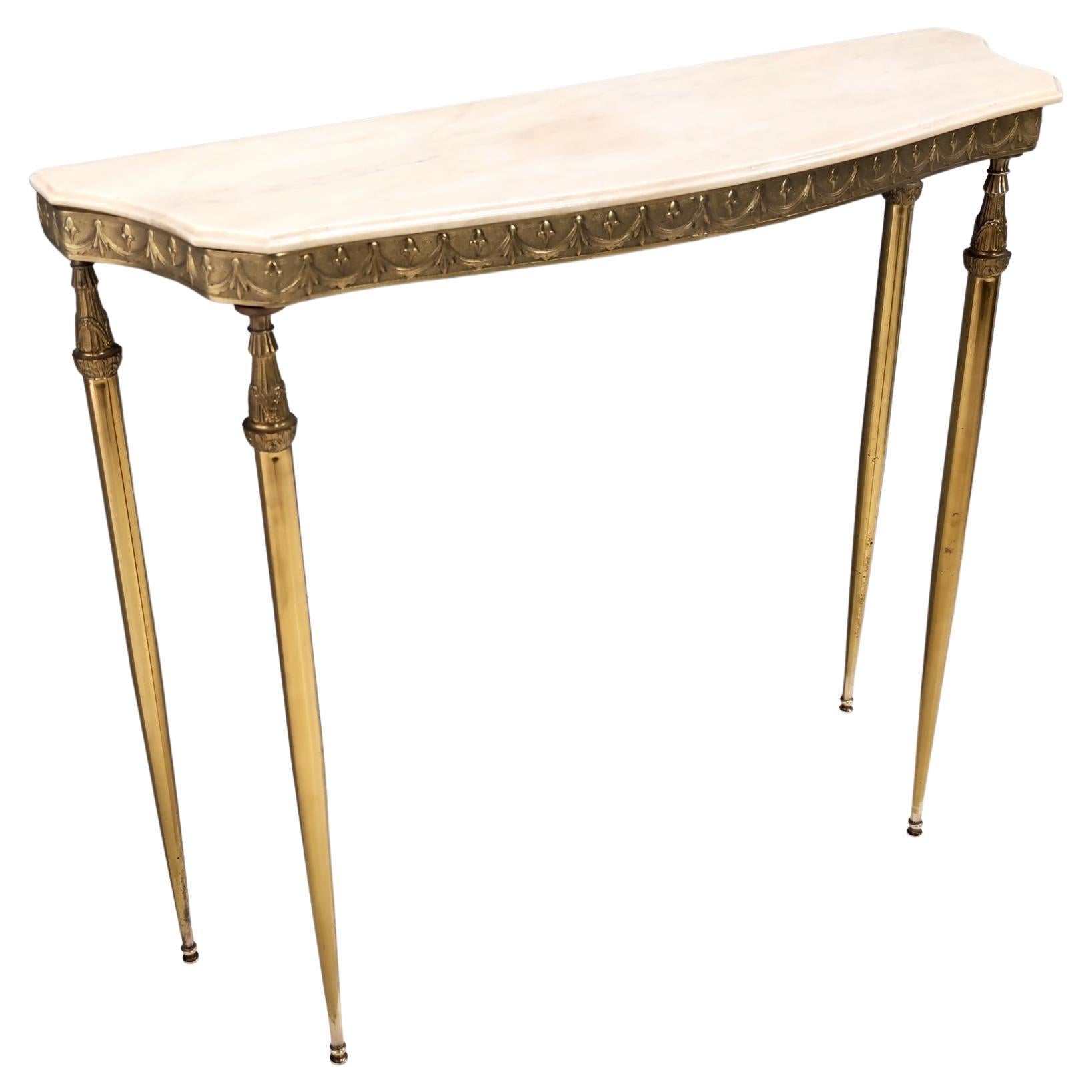 Midcentury Console with a Portuguese Pink Marble Top and Brass Frame, Italy