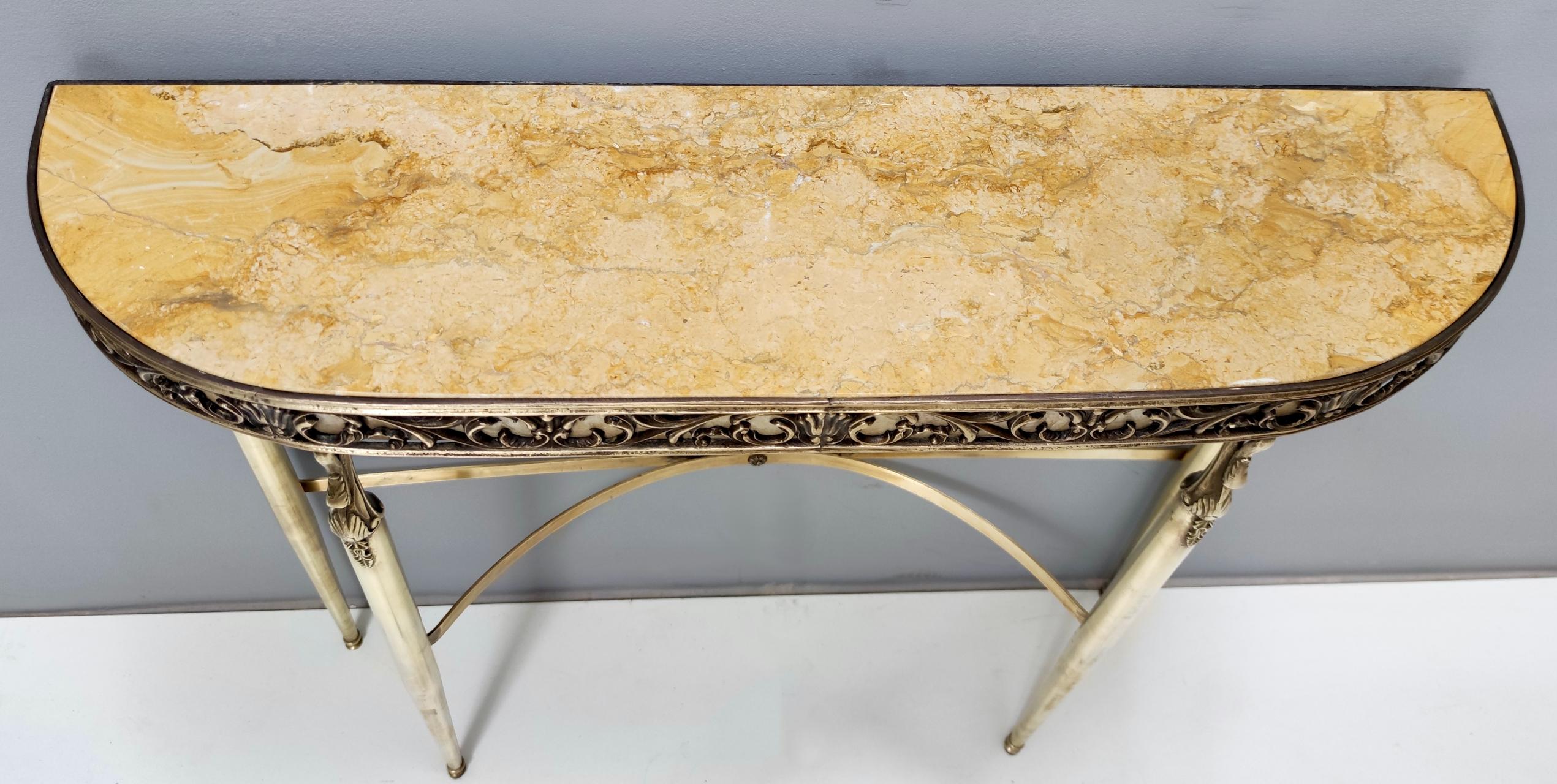 Mid-20th Century Vintage Console with a Demilune Royal Yellow Marble Top and a Brass Frame, Italy