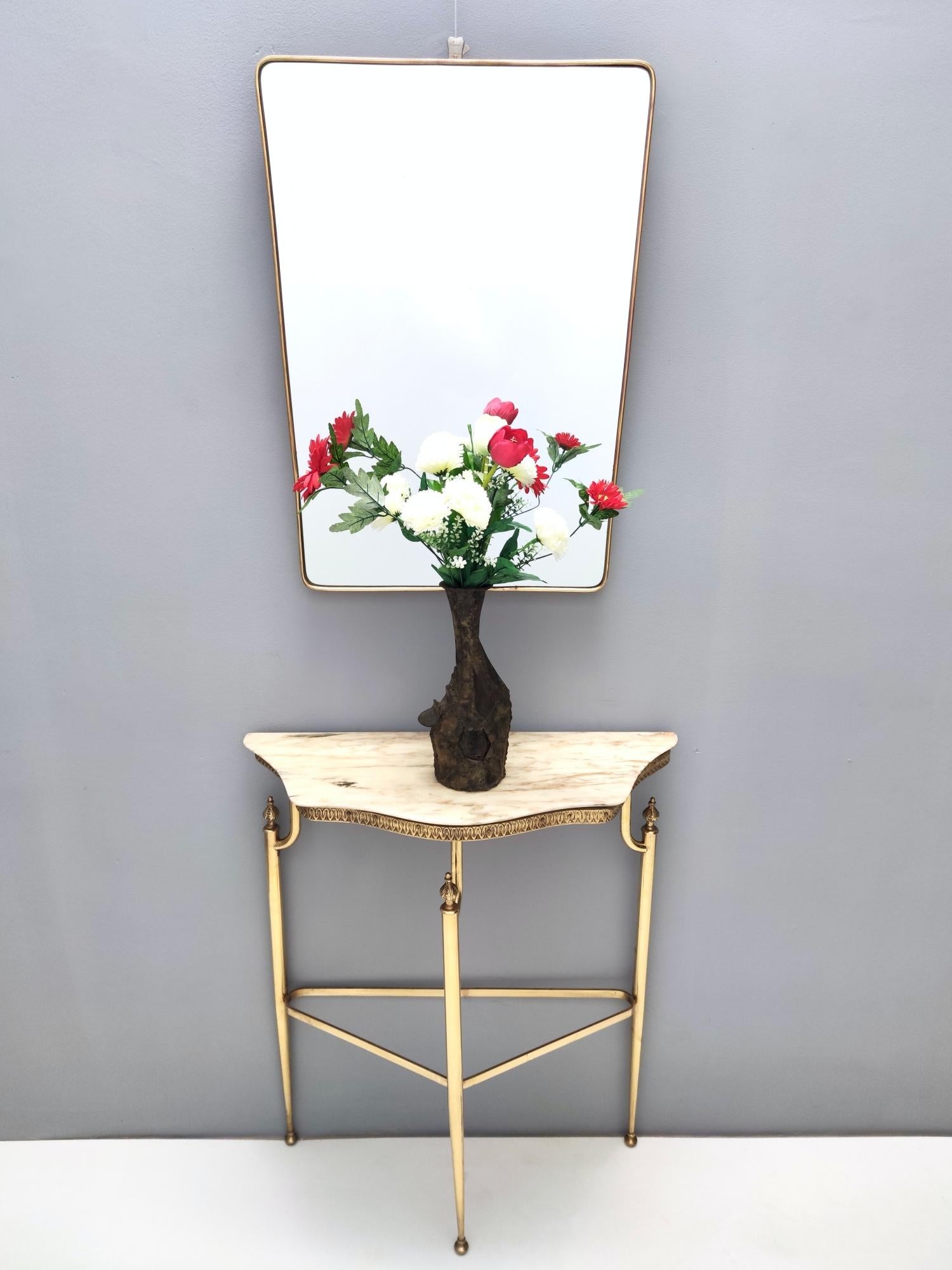 Mid-Century Modern Vintage Console Table with Portuguese Pink Marble Top and Brass Frame, Italy