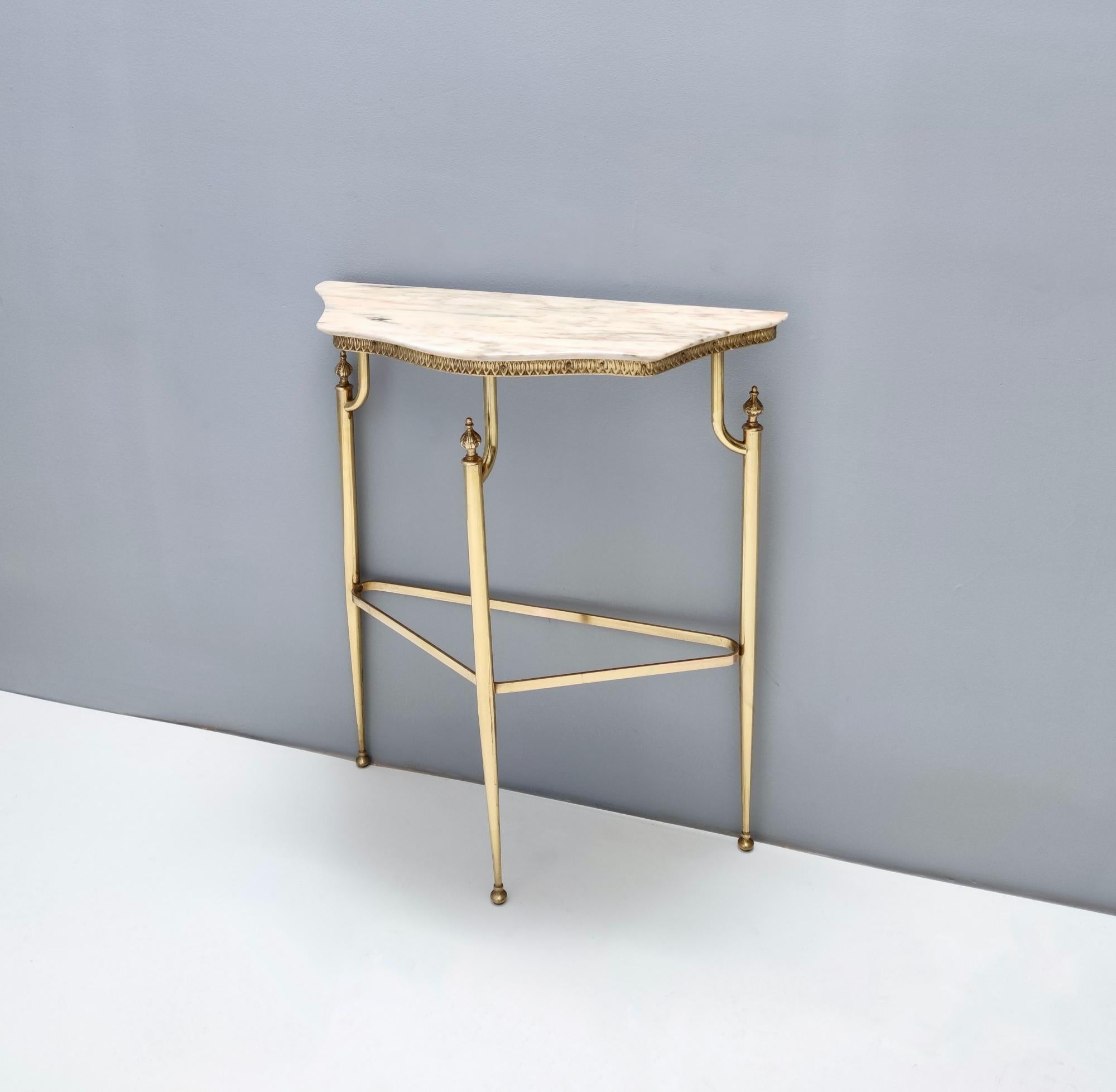 Mid-20th Century Vintage Console Table with Portuguese Pink Marble Top and Brass Frame, Italy