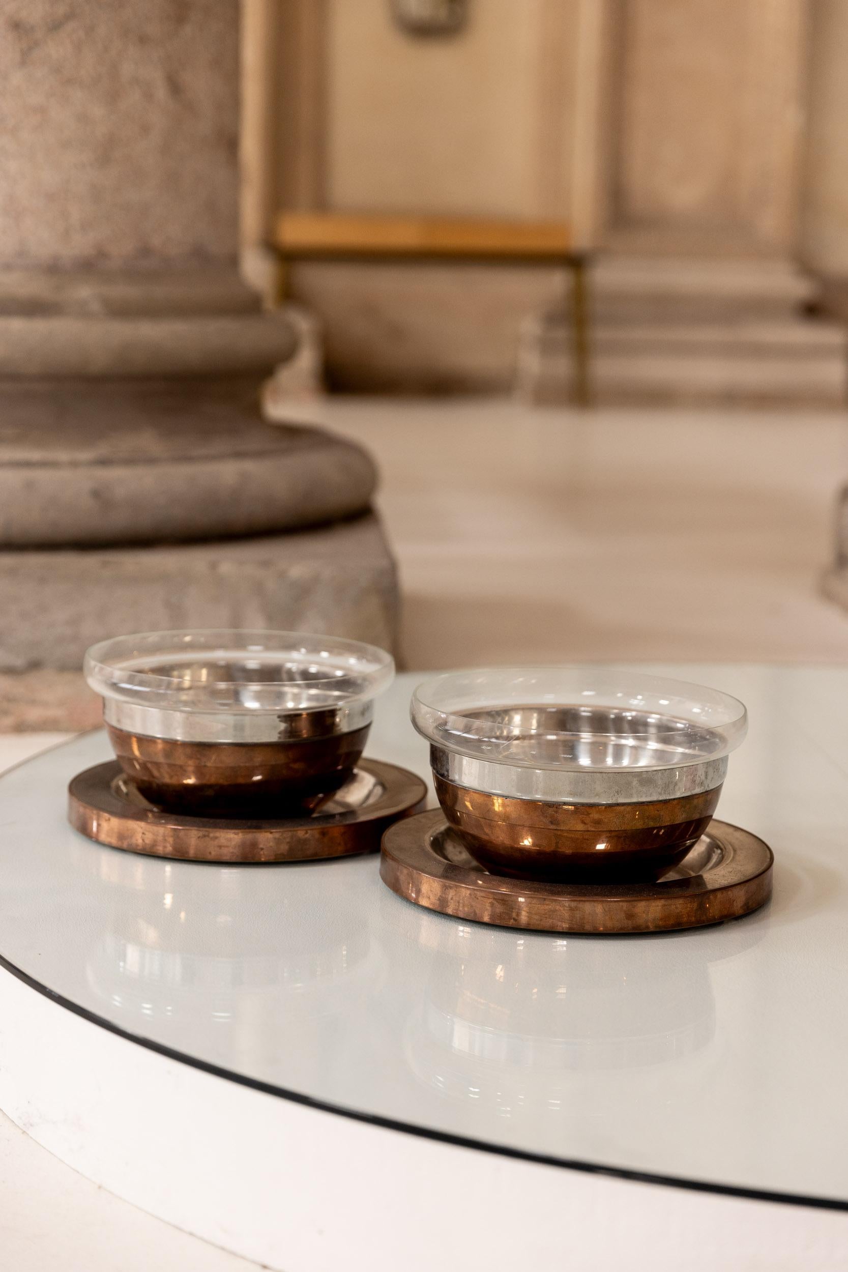Brass Midcentury copper and Barovier glass bowls designed by Gabriella Crespi, Italy  For Sale