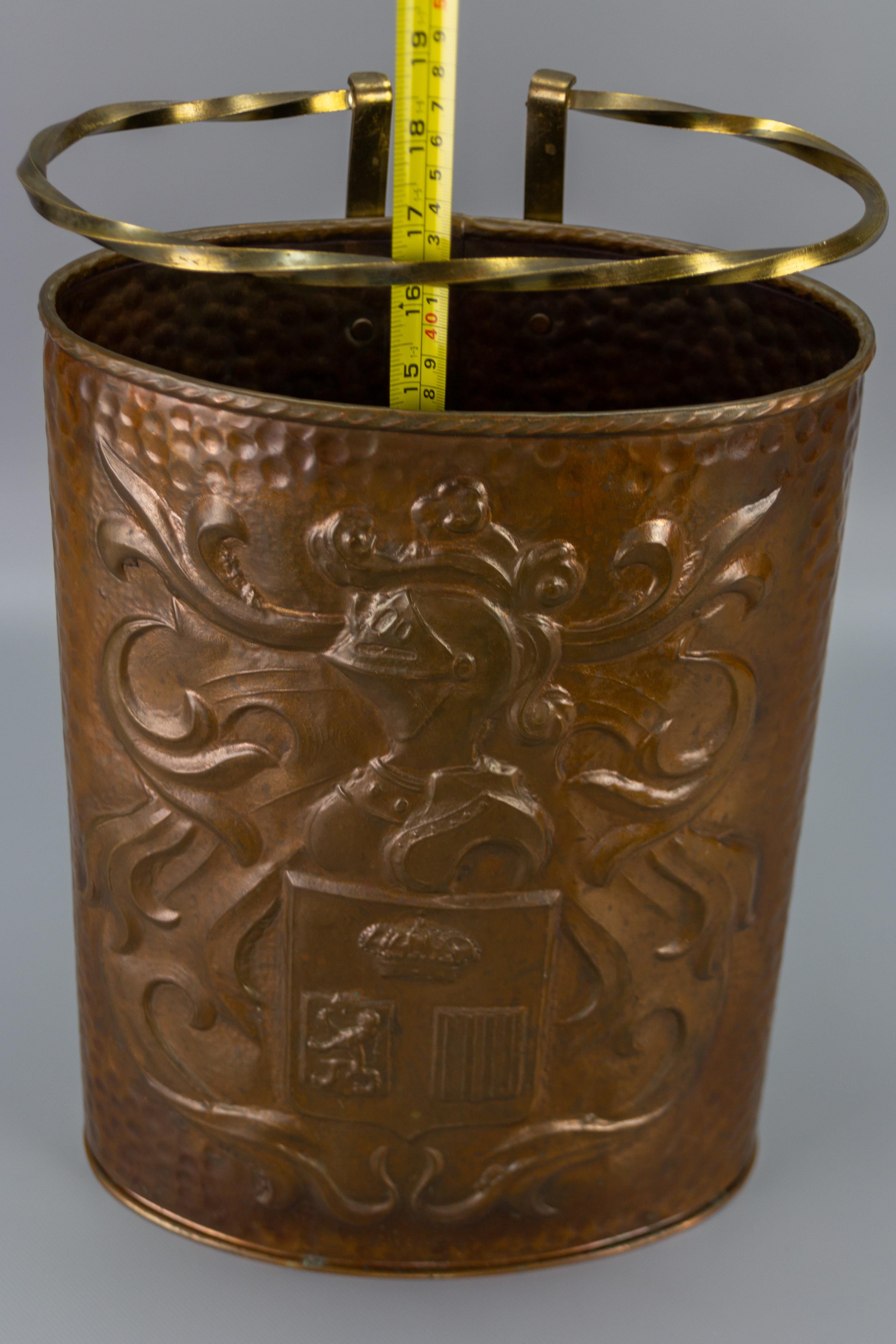 Midcentury Copper and Brass Umbrella Stand with Knight and Coat of Arms Decor For Sale 8