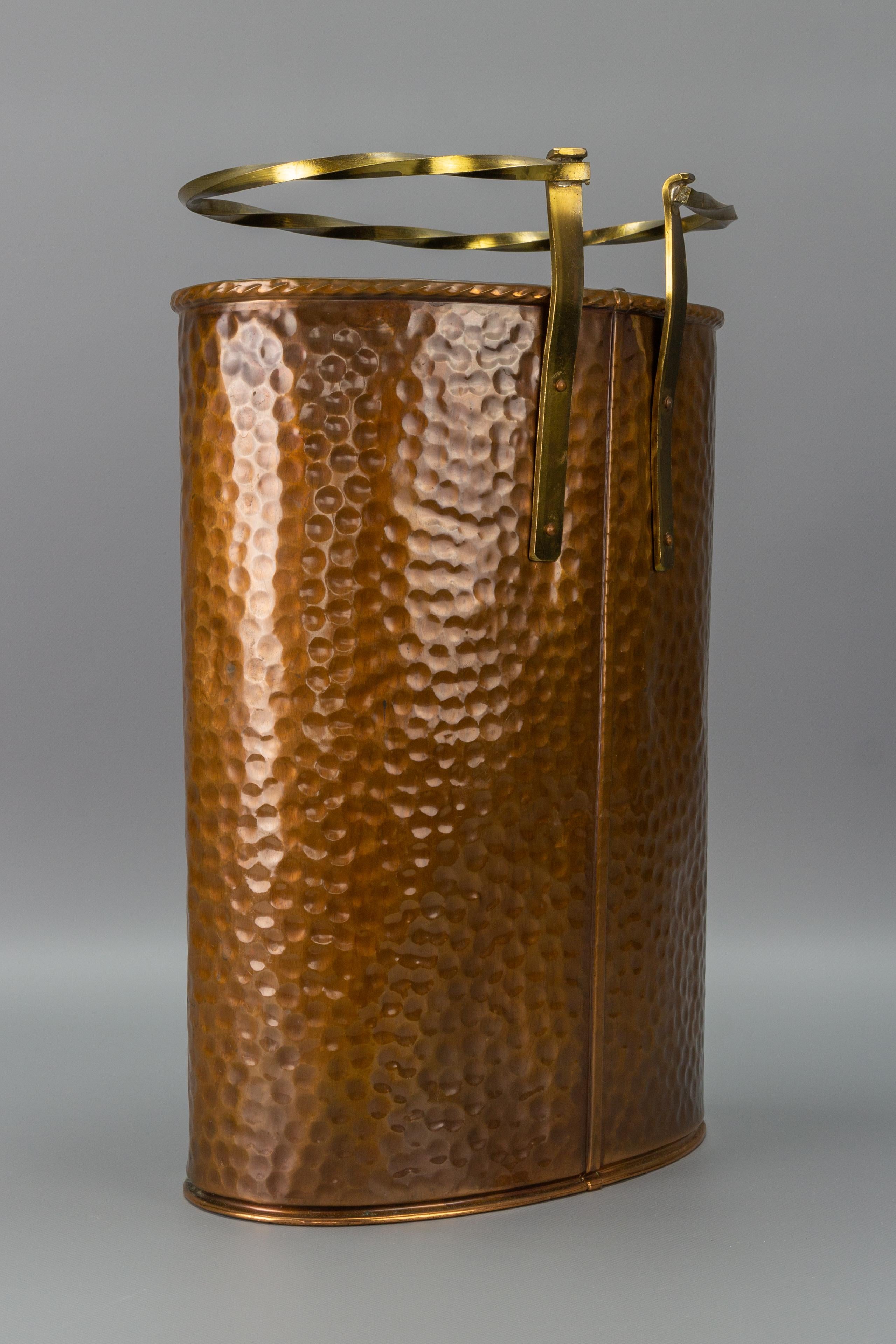 Midcentury Copper and Brass Umbrella Stand with Knight and Coat of Arms Decor For Sale 1