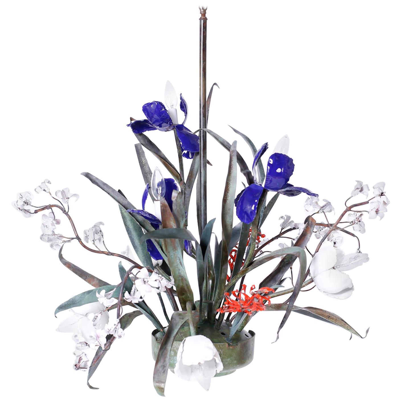 Midcentury Kupfer und Emaille Floral Kronleuchter im Angebot