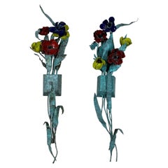 Wandleuchter aus Kupfer und Emaille mit Blumenmotiv aus der Mitte des Jahrhunderts