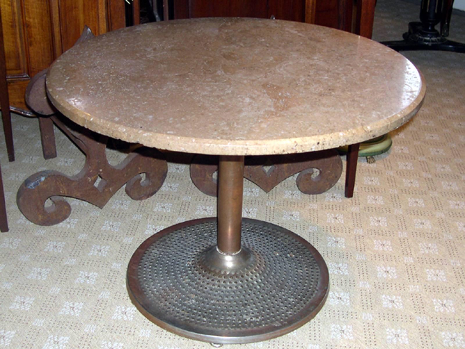 Mid-20th Century Coppered Steel and Travertine Table For Sale 1