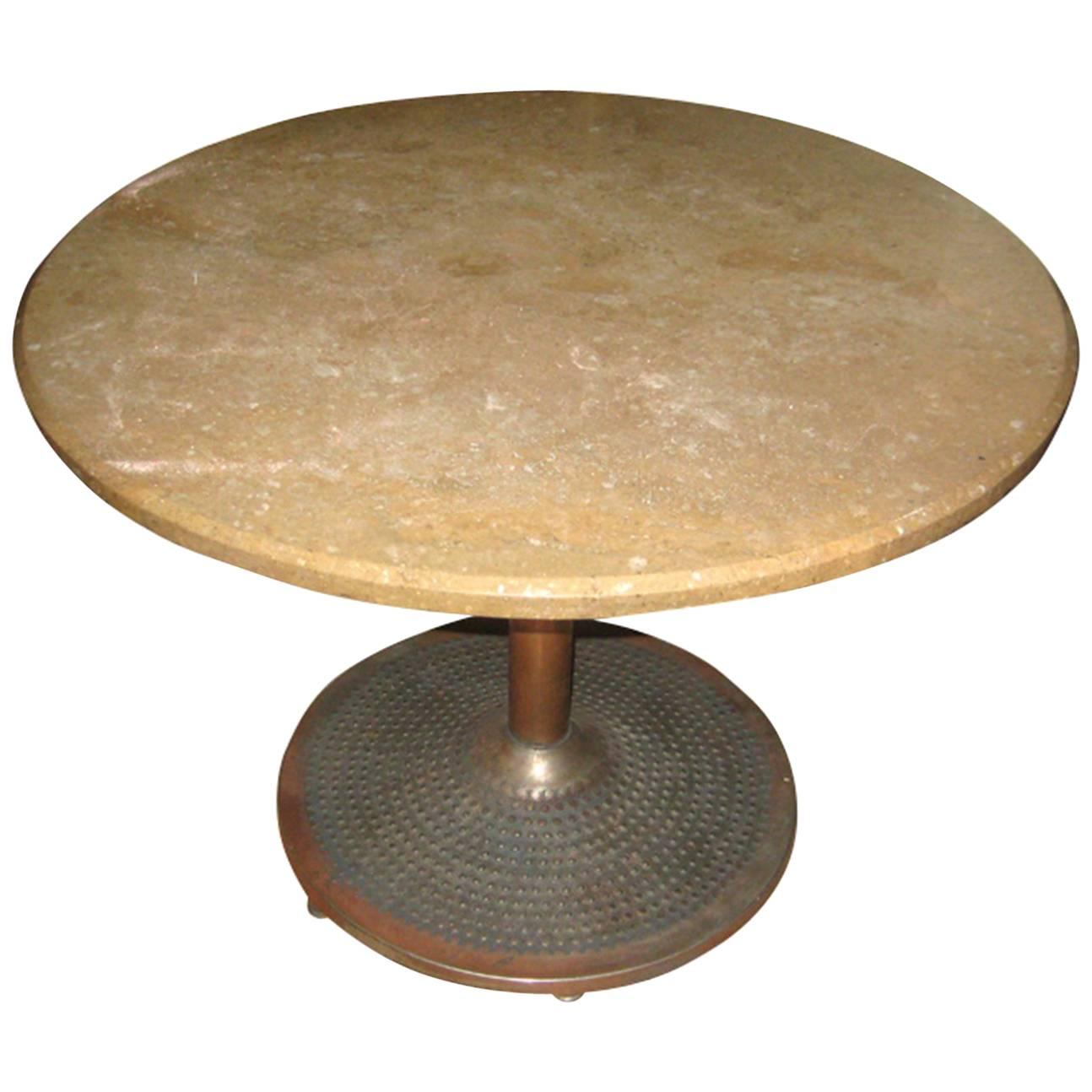 Mid-20th Century Coppered Steel and Travertine Table For Sale