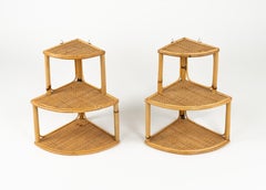 Midcentury Corner Pair of Wall Shelf bamboo, Rattan and Wicker, Italy 1960s