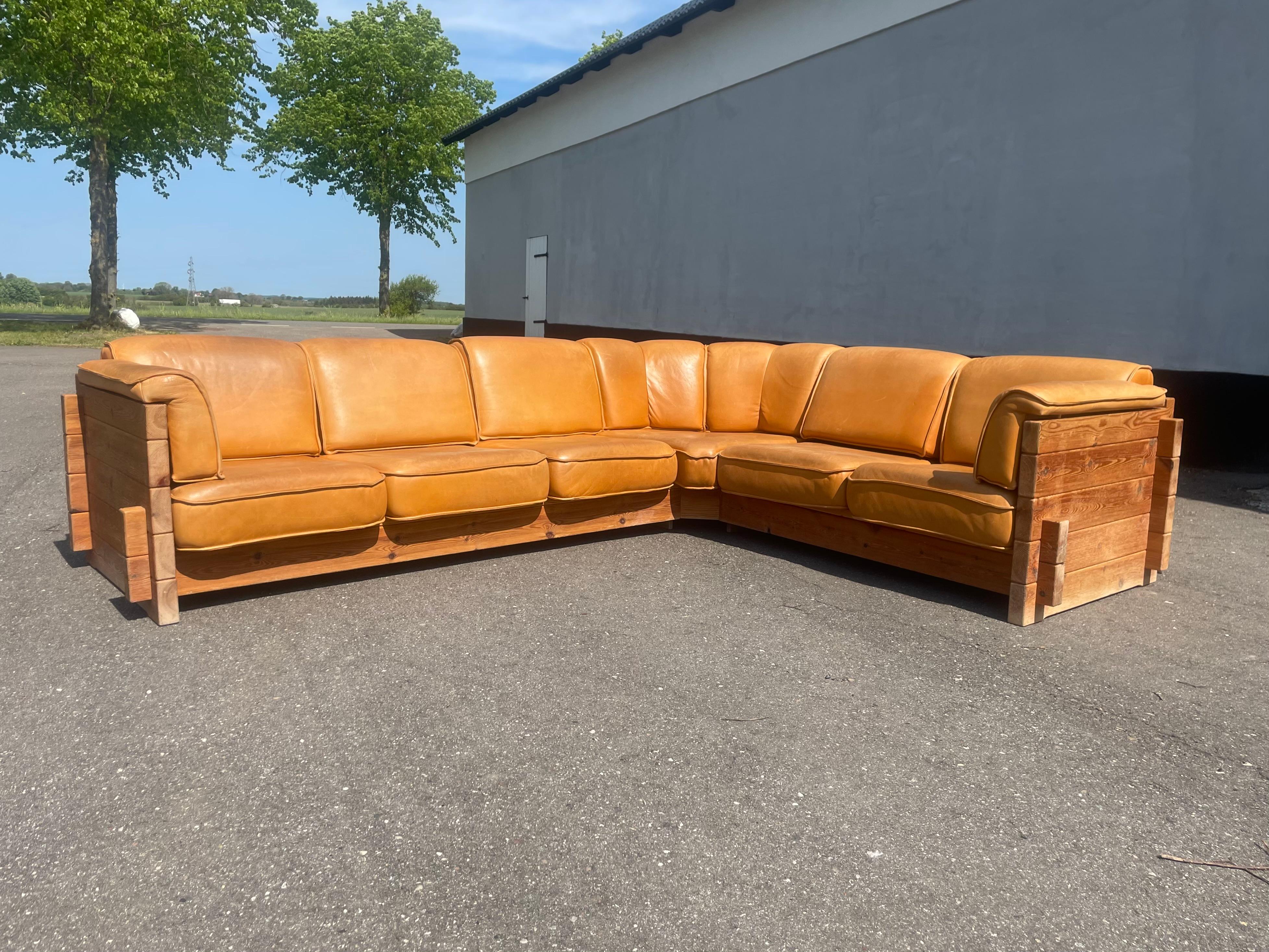 Midcentury Corner Sofa in Patinated Leather & Pine by Christian IV, 1960s 5