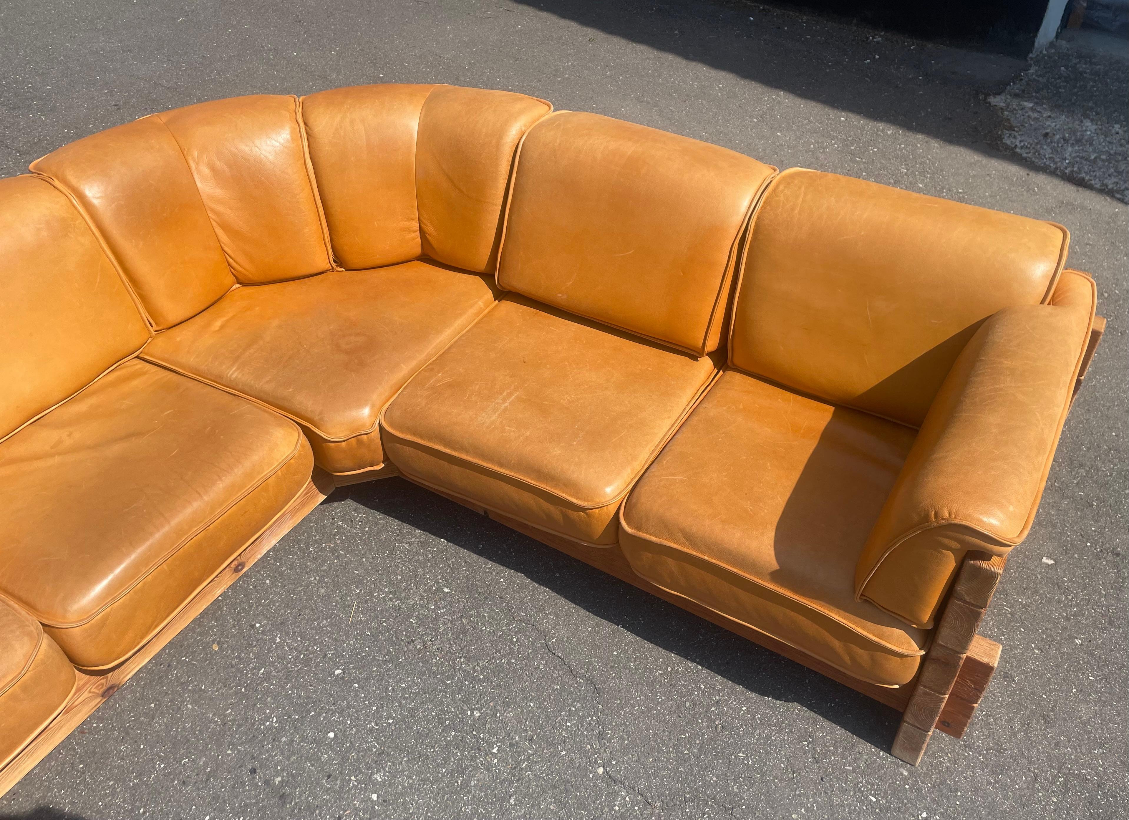 Midcentury Corner Sofa in Patinated Leather & Pine by Christian IV, 1960s 1