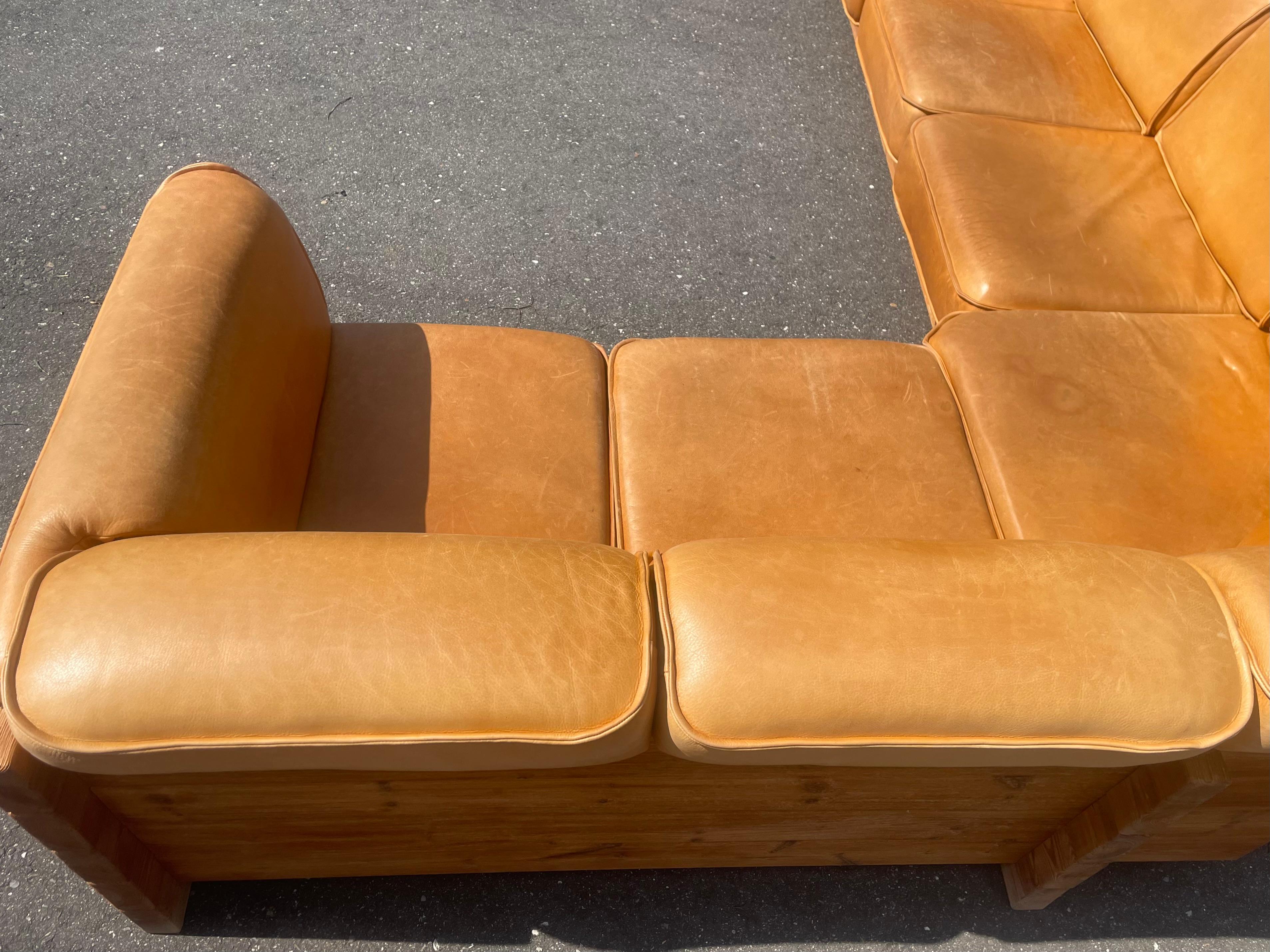 Midcentury Corner Sofa in Patinated Leather & Pine by Christian IV, 1960s 2