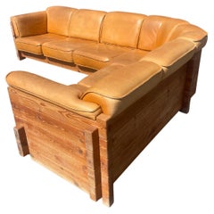 Midcentury Corner Sofa in Patinated Leather & Pine by Christian IV, 1960s
