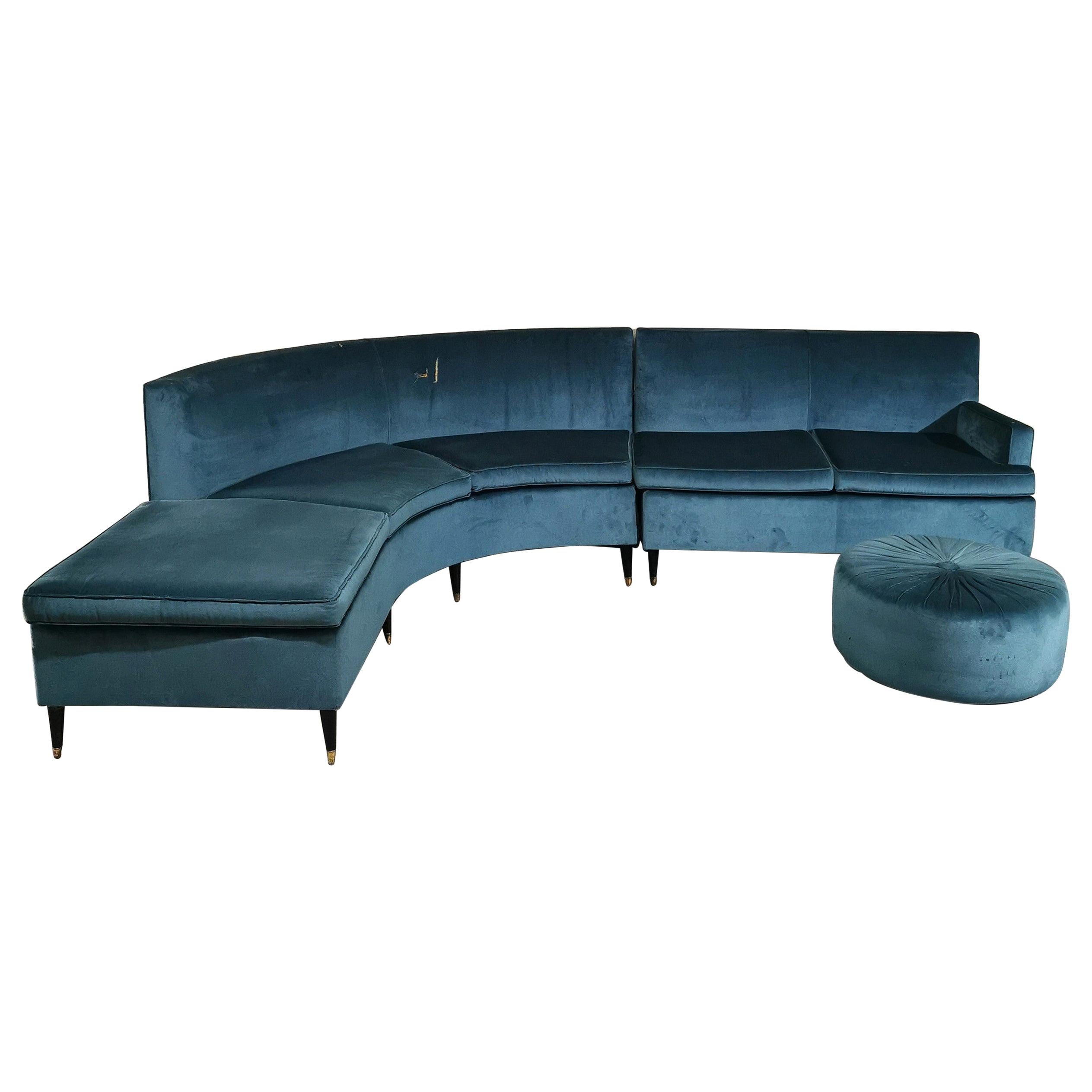 Midcentury Corner Sofa Smooth Velvet Feet Wood Brass Modular Italy 60s Turquoise For Sale