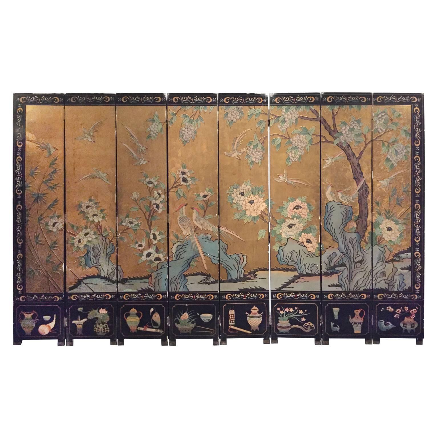 Midcentury Double Sided Eight-Panel Coromandel Lacquered Screen