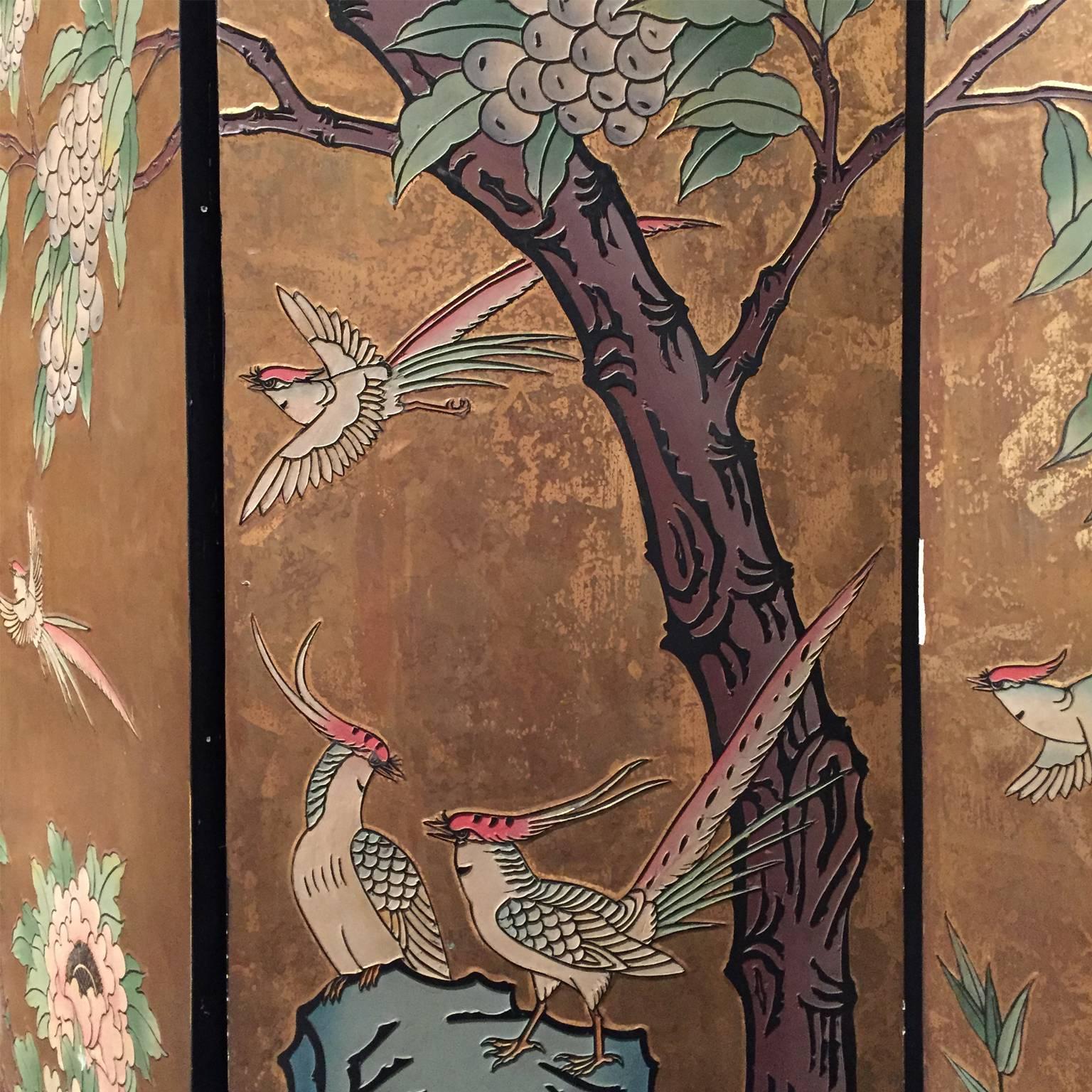 Midcentury double-sided eight-panel Coromandel lacquered decorated screen. China, 1950s.

