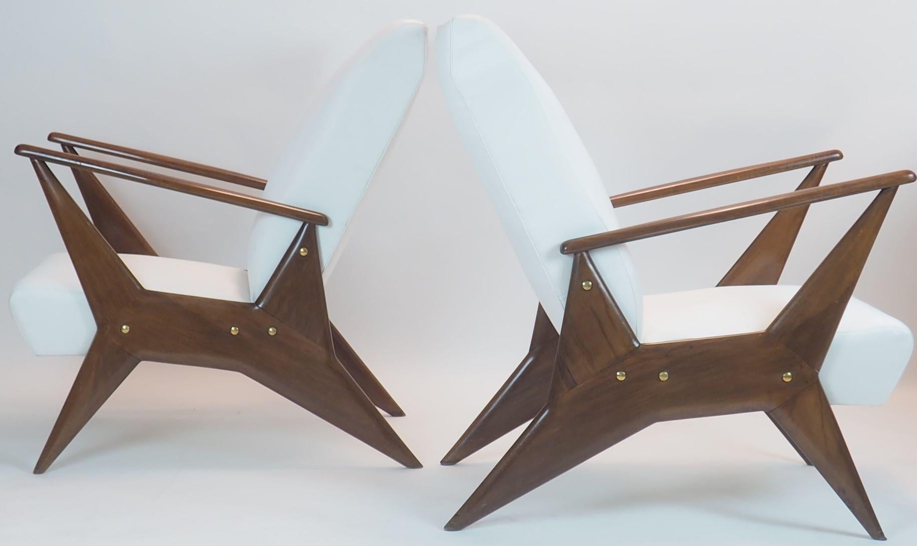 Mid-Century Modern Midcentury Couple of Wood Armchairs in White Satin, School of Turin Italy, 1950s