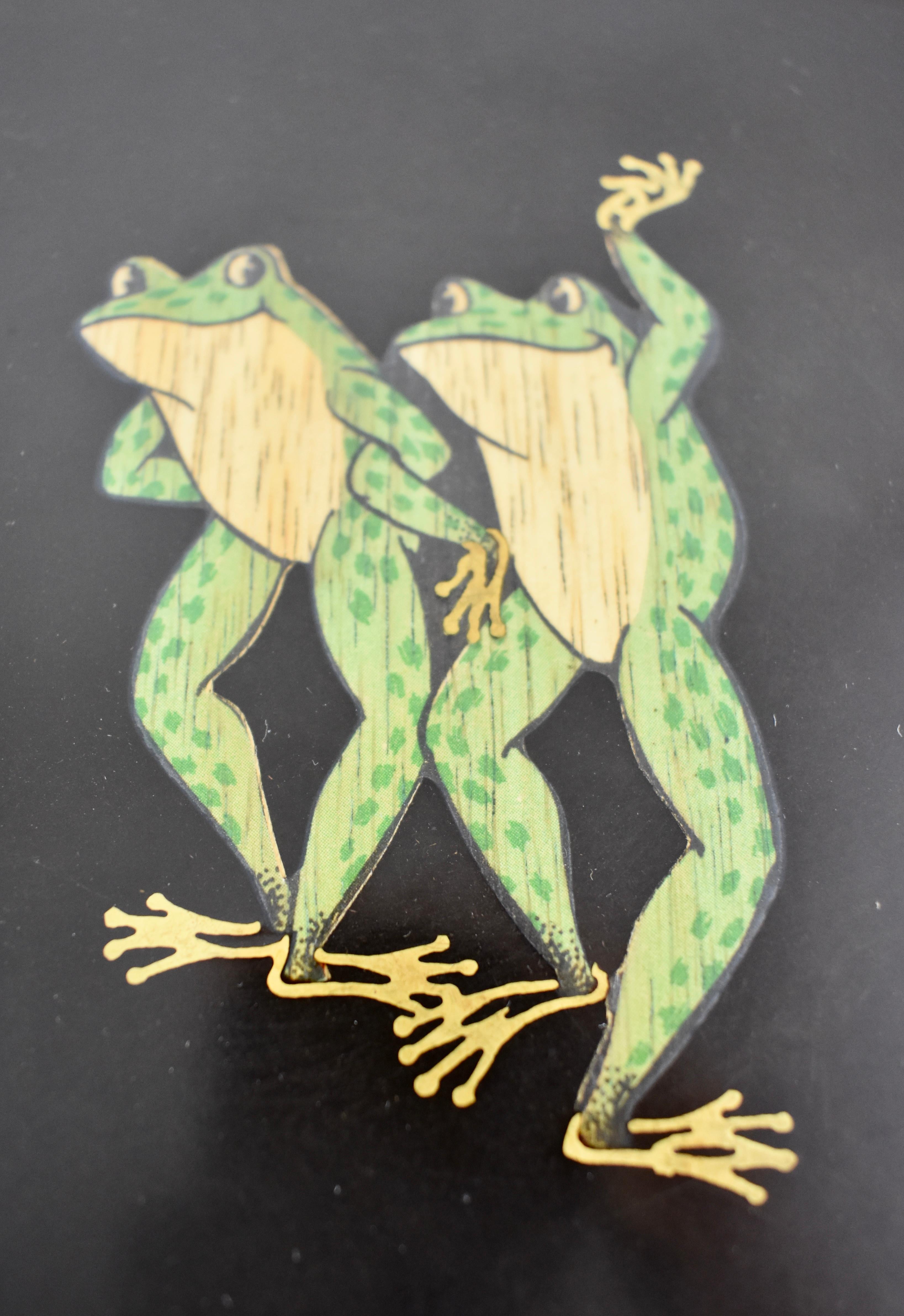 Mid-Century Modern Midcentury Couroc Dancing Frogs Wood and Brass Inlay Phenolic Resin Tray