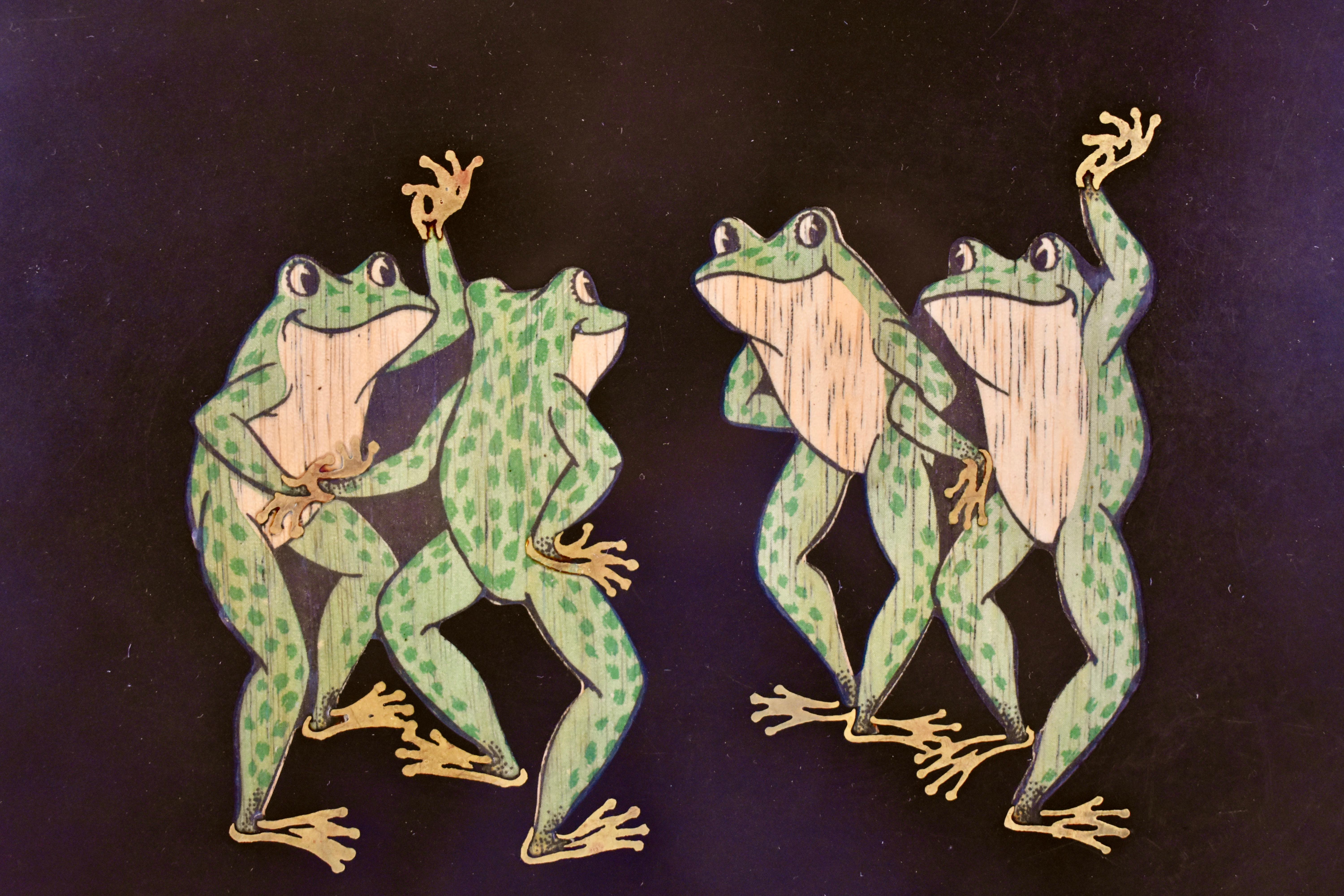 American Midcentury Couroc Dancing Frogs Wood and Brass Inlay Phenolic Resin Tray