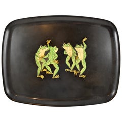 Retro Midcentury Couroc Dancing Frogs Wood and Brass Inlay Phenolic Resin Tray