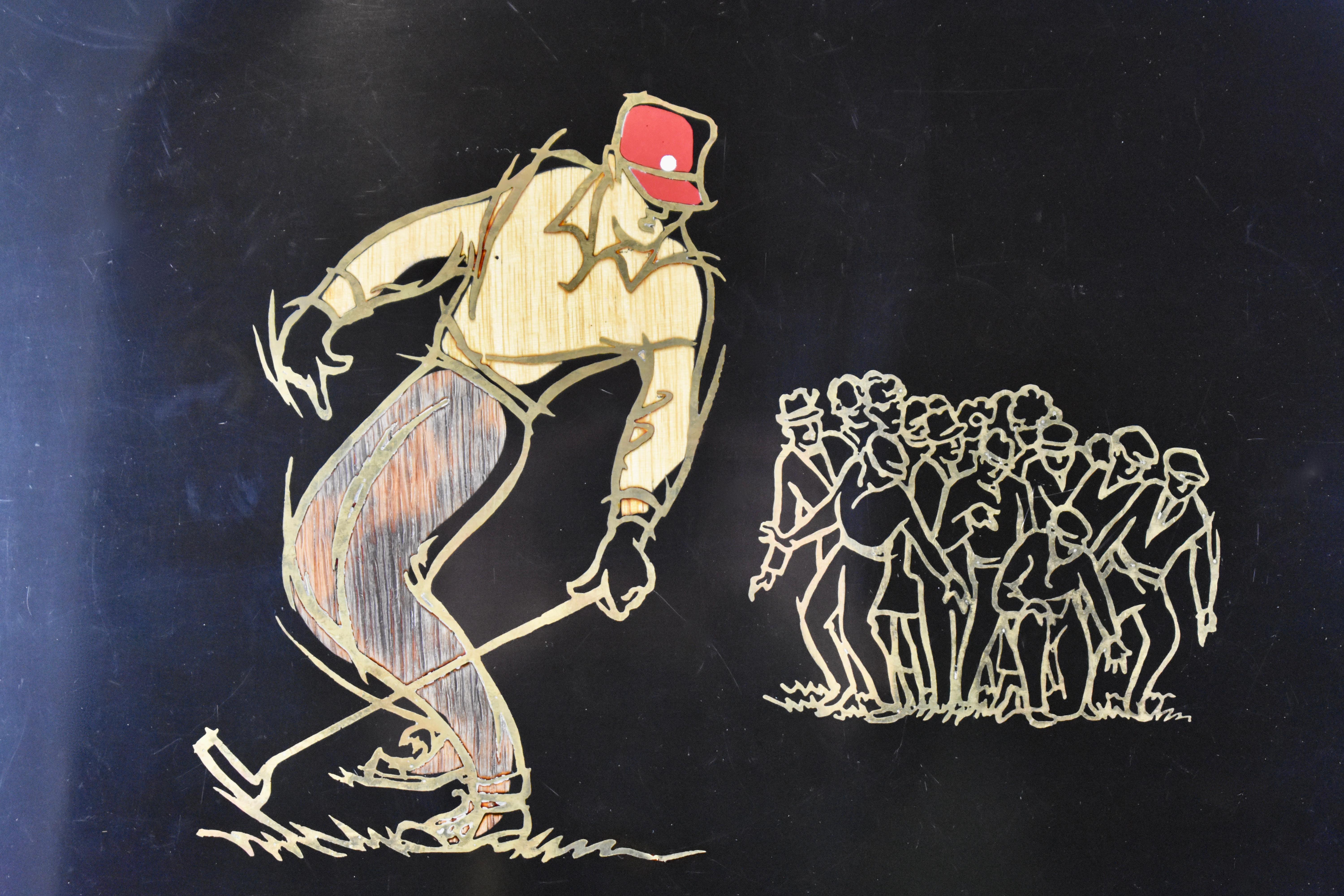 A  Mid-Century Modern Era serving tray by Couroc of Monterey, California, (1948-1998) – A Golf Sporting theme, circa 1960s.

Made of a black resin called ‘Phenolic’ and hand inlaid with the image of a golfer in full swing while a crowd of spectators