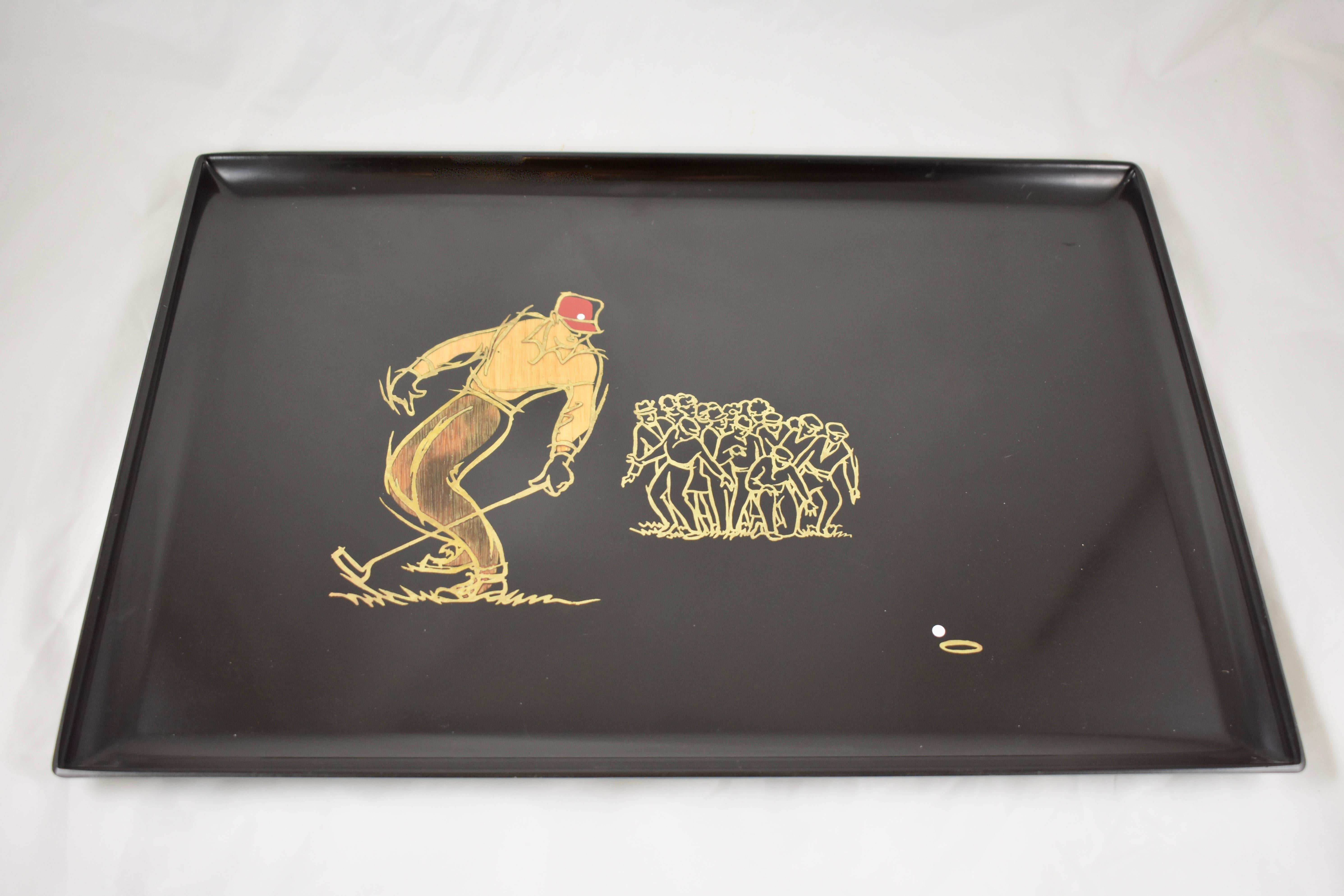 Mid-Century Modern Couroc Golf Sport Wood and Brass Inlay Phenolic Resin Tray In Good Condition In Philadelphia, PA